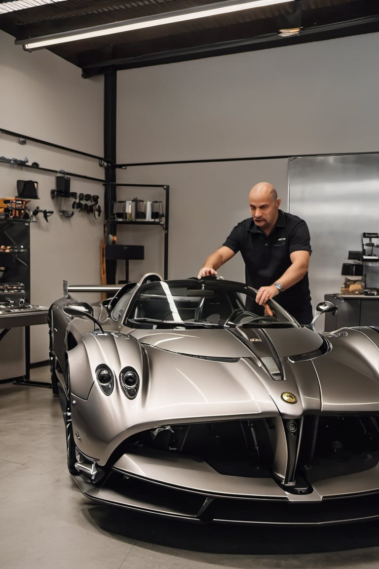 Create a captivating image portraying Leonardo da Vinci within a contemporary Pagani Zonda car assembly atelier. Showcase da Vinci as he examines the vehicle and shares his insights with the engineers. Capture the blend of Renaissance brilliance and state-of-the-art automotive technology in this imagined historical moment. Deliver the image in the style of a movie still, with RAW photo format, full sharpness, and intricate facial details (highly detailed skin: 1.2). Ensure an 8k UHD resolution, shot with a DSLR and featuring soft lighting for a high-quality appearance. Incorporate a subtle film grain effect reminiscent of Fuji-film XT3s cameras