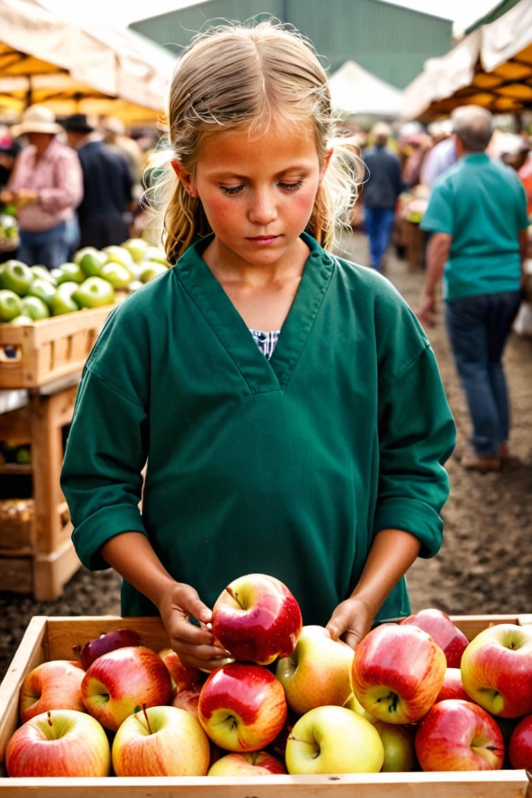 Craft an evocative image that tells the story of a curious child at a vibrant farmers' market, eagerly offering their shiny iPhone to a vendor in exchange for a pristine, mouthwatering apple. The scene should capture the anticipation and wonder on the child's face, the bemusement of the vendor, and the intrigue of the surrounding market-goers as they witness this unexpected barter, masterpiece, photorealistic,nature