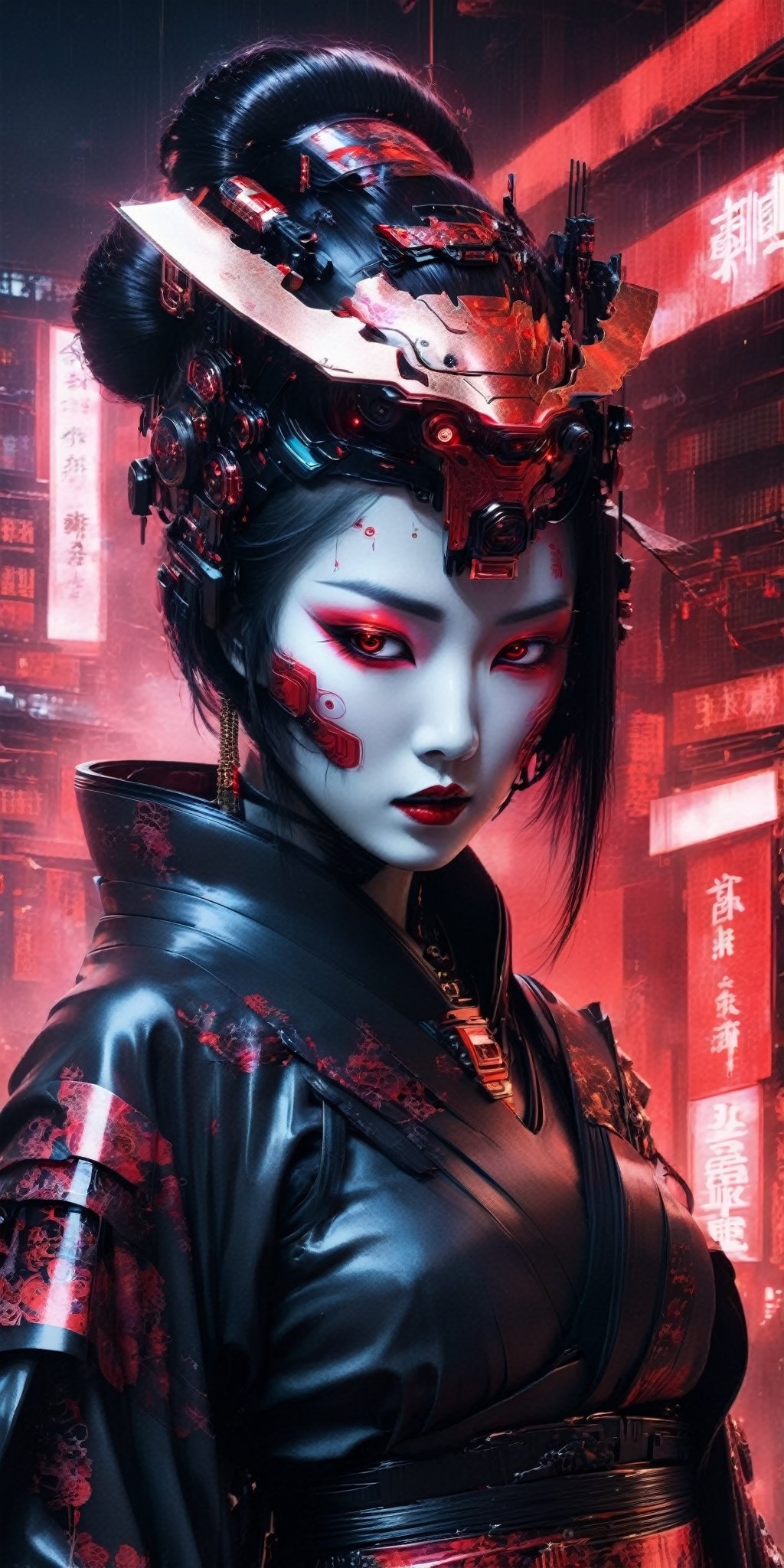 Generate a high-definition, world-class image featuring a lethal geisha cyborg assassin donning a hooded kimono and futuristic armor in a post-apocalyptic setting. The backdrop should depict a red-gold sky, merging elements of neon horror, glitch-core, and dystopian sci-fi aesthetics. The composition should exhibit a blend of modern European ink painting and mixed media, creating a beautifully ominous and hauntingly beautiful scene. The cyborg should exude an androgynous, otherworldly allure, with a captivating fusion of black and neon cosmic art elements. The image should evoke a sense of analog horror, drawing inspiration from the Meiji era silk and space punk influences. This artwork should be a modern masterpiece, exceptionally unique and exquisite in its dark fantasy and apocalypse art style, reminiscent of calotype techniques, with a surreal touch of transparent nylon.