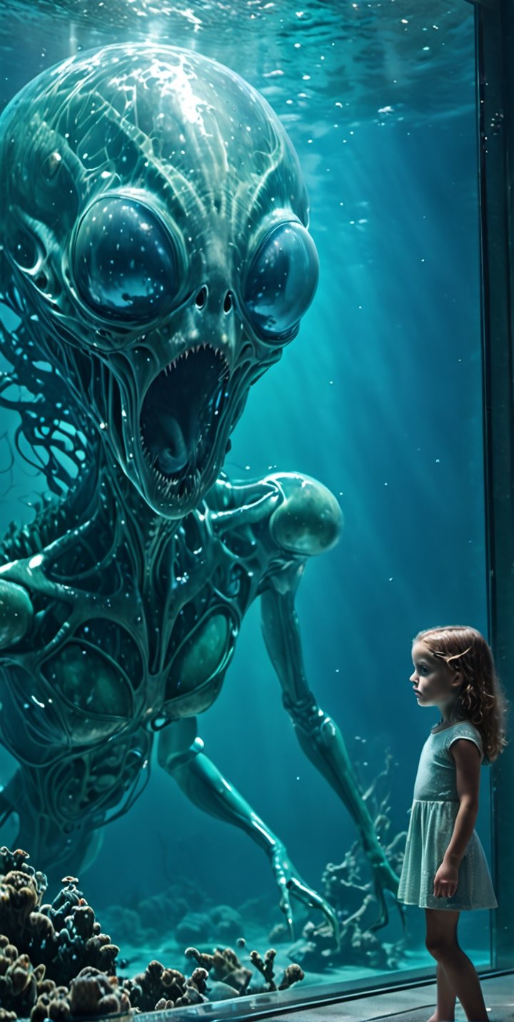 through the transparent barrier of an underwater observation pod, a terrified young girl gazes wide-eyed at the colossal figure of an beautiful alien-woman. The glass wall magnifies the immense alien size, highlighting its  white figure and its cold eyes fixed on the small human girl. The girl's fear is palpable, her small frame contrasted against the overwhelming might of the A beautiful  futuristic anthropomorphic alien woman outside, splash art, fractal art, colorful, a winner photo award, detailed photo, Arnold render, 16K, cyborg style, bio-punk style. The underwater scene is enveloped in an eerie blue-green glow, illuminated by the pod's artificial lighting. This tense and dramatic moment is captured as a hauntingly realistic photograph, taken with a telephoto lens that captures both the intricate details of the alien's features and the raw emotion etched across the girl's face, Movie Still