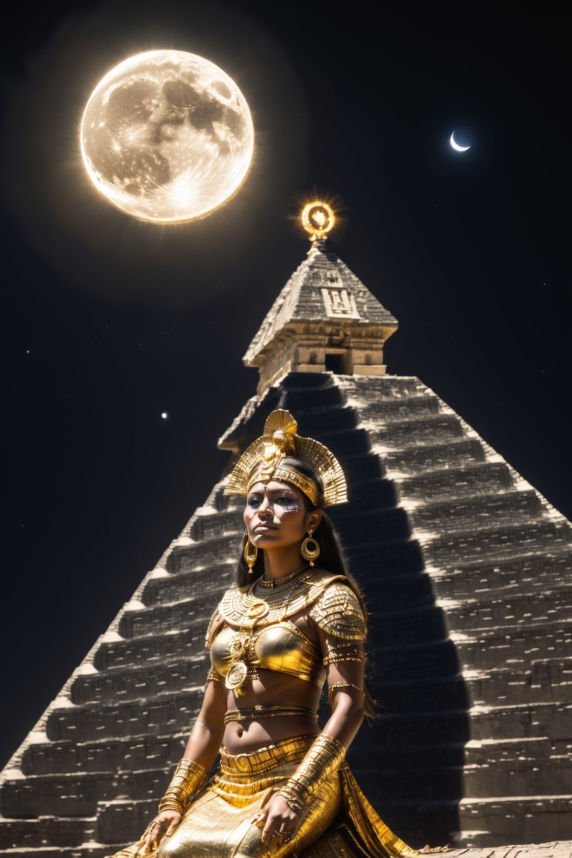 Gorgeous Aztec woman on top of a pyramid during a Solar eclipse, she is dresses with gold and her dark skin reflects the moon light,(PnMakeEnh),photo r3al