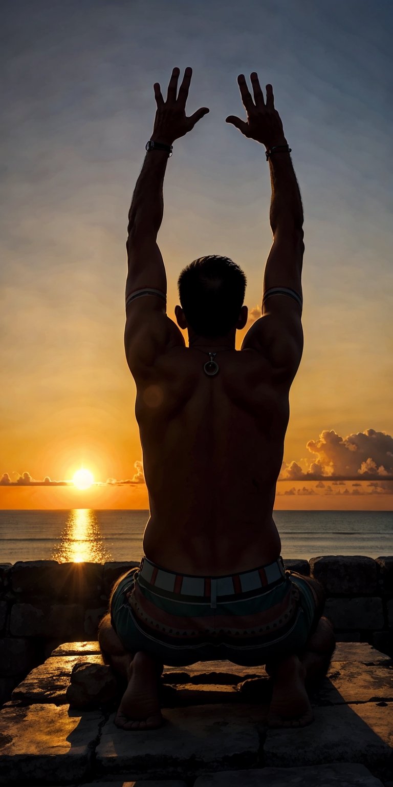 A old Mexican chamán is praying with his arms extended towards the sunrise, a new year has come bringing hope, love, and new dreams. The scene happens at the top of a Mayan pyramid in Cancun, the sun is coming out of the Caribbean Sea, welcome 2024