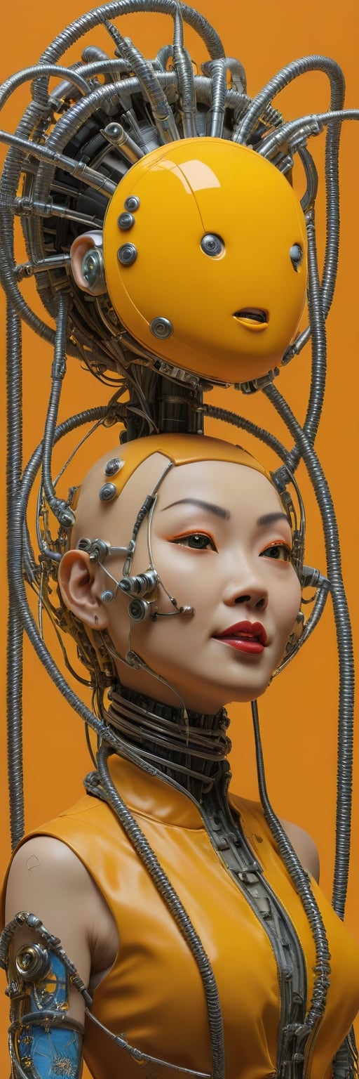 profile front Photography, in front of a orange wall, an asian cyborg woman head without body, silly smile, crazy eyes gesture, connected by cables, twisted cables and wires and LED, atractive eyes body punk PLC Robots with silver motor head, with ray guns, 80 degree view, art by Sergio Lopez, Natalie Shau, James Jean and Salvador Dali, (yellow background:1.2),Digital_Madness