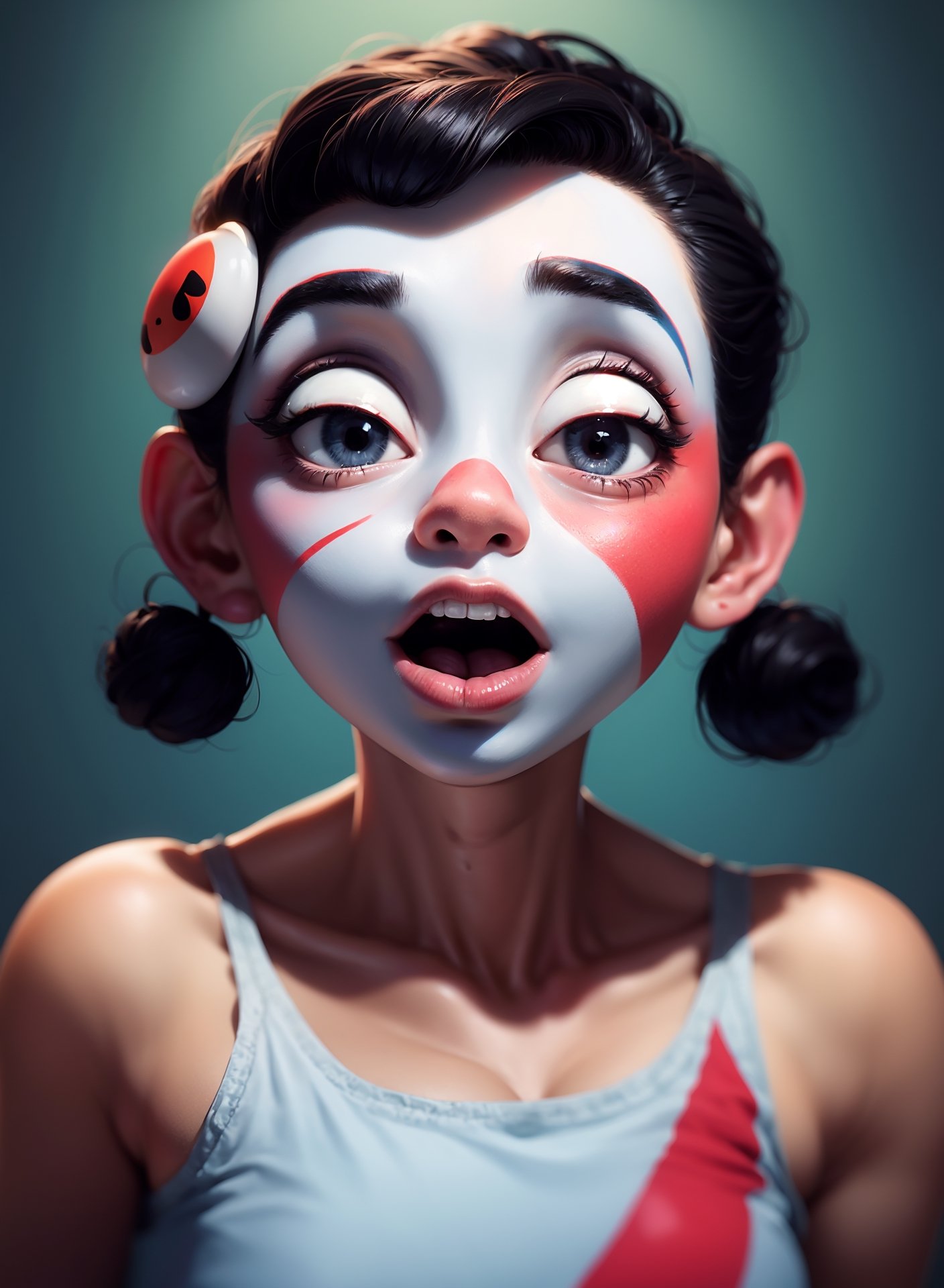 an ultra expressive French mime, face painted,yawning , portrait, upper body, pixar style