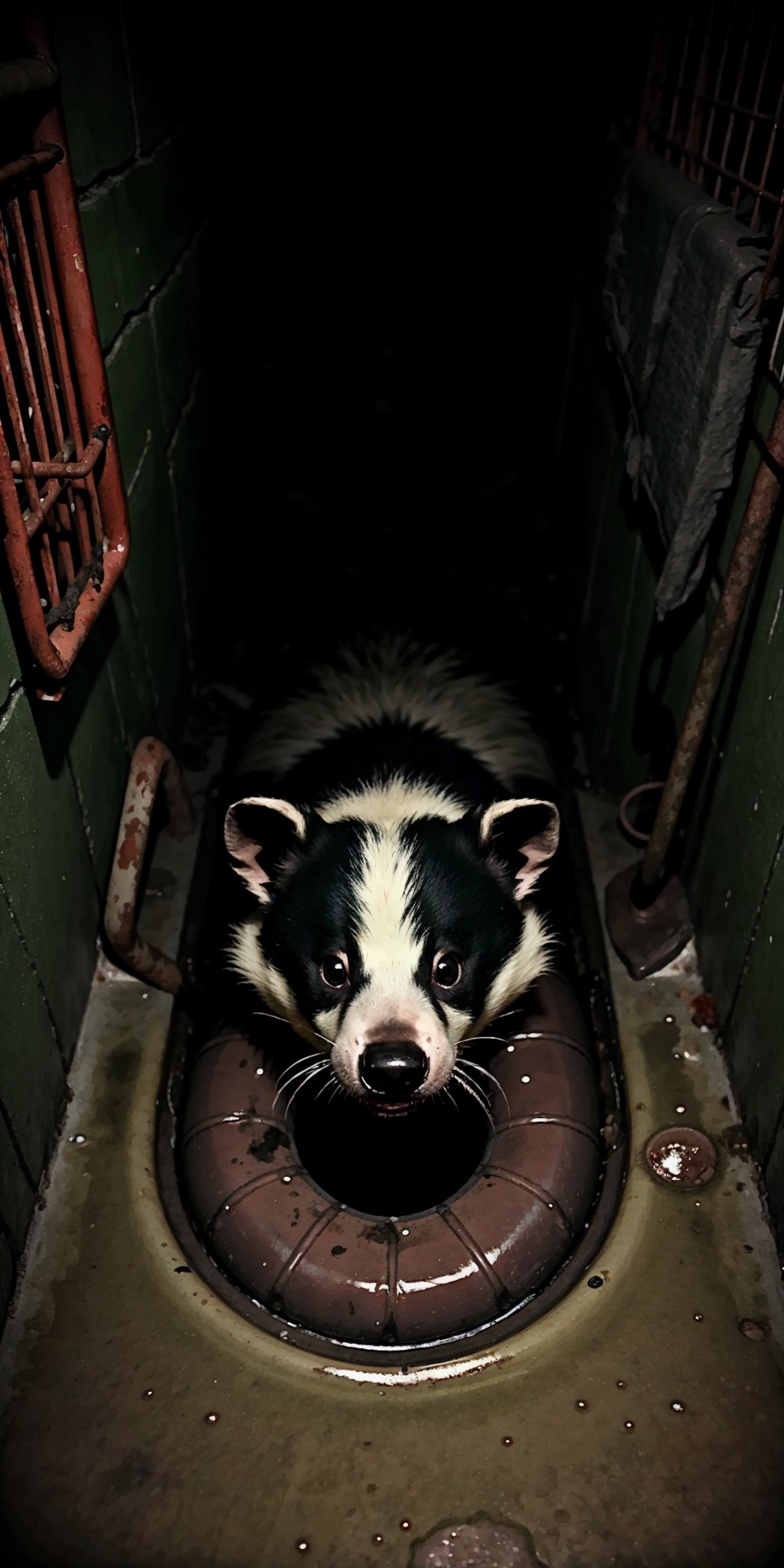 Los Angeles Sewer line, a mutated skunk adapted to live in the sewers, humid, moldy, dense atmosphere, dim lighting, the sunk eyes have a glowing to better see in the dark, aggressive, fast and scary, sharp teeth 