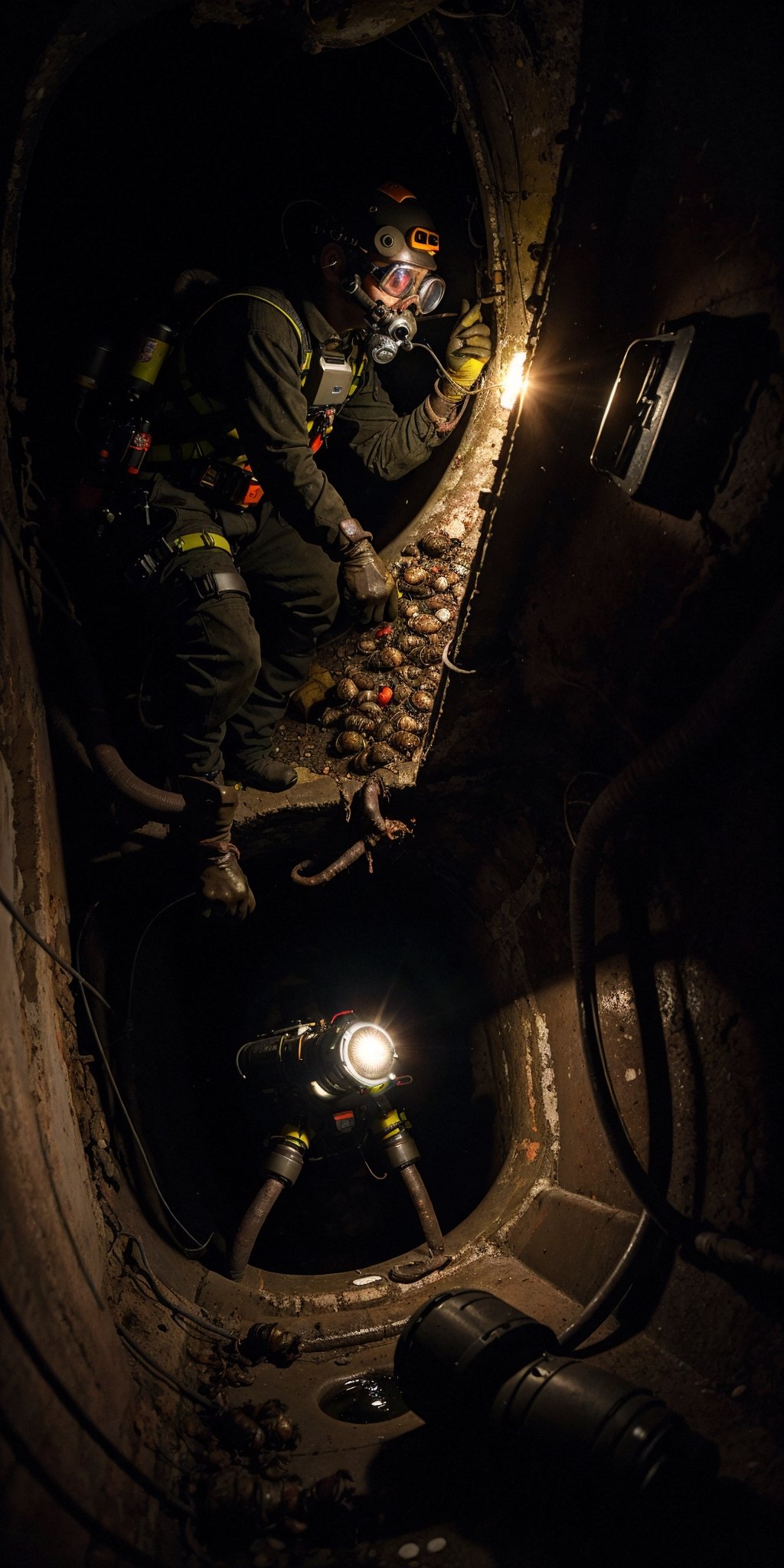 An inspector drone at Los Angeles Sewer line, using a Self Contained breathing apparatus, harnessed, hard hard, googles, gloves,  radio to communicate, flashlights, descending trough a sewer manhole using a harness line attached to a tripod into a giant vault, humid, water vapor, mold, dim lights, (((rats, cockroaches, feces)))