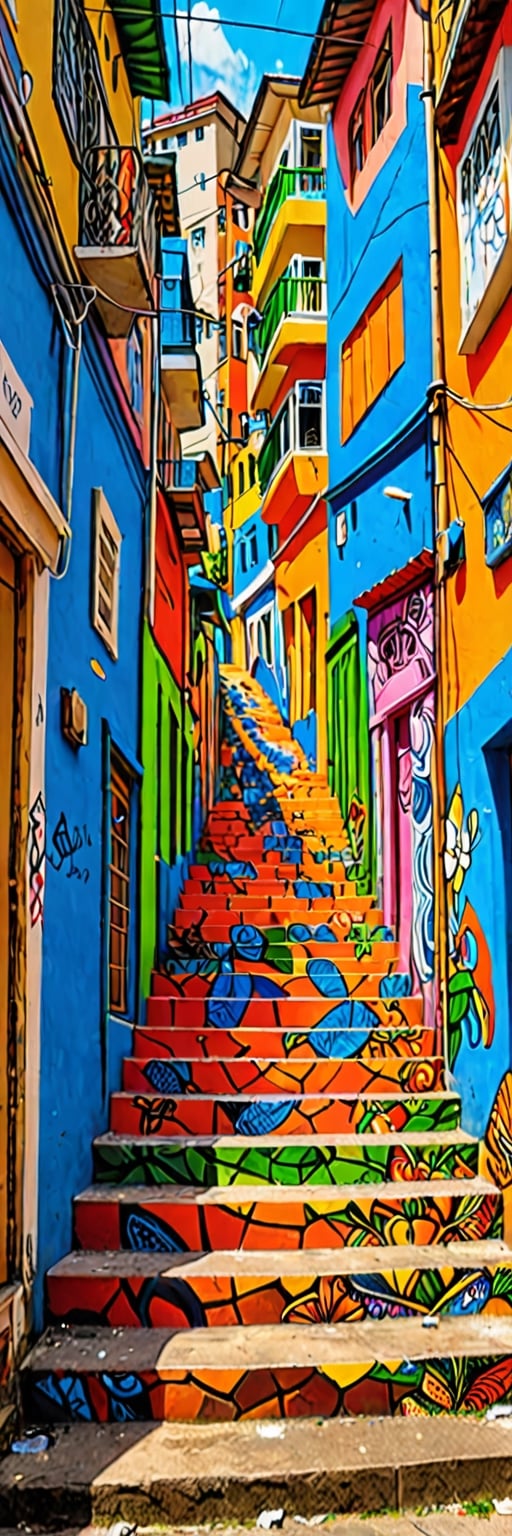 masterpiece, best quality, stair-art, stairs art, alleyway's exterior featuring a vivid representation of Rio de Janeiro favela,