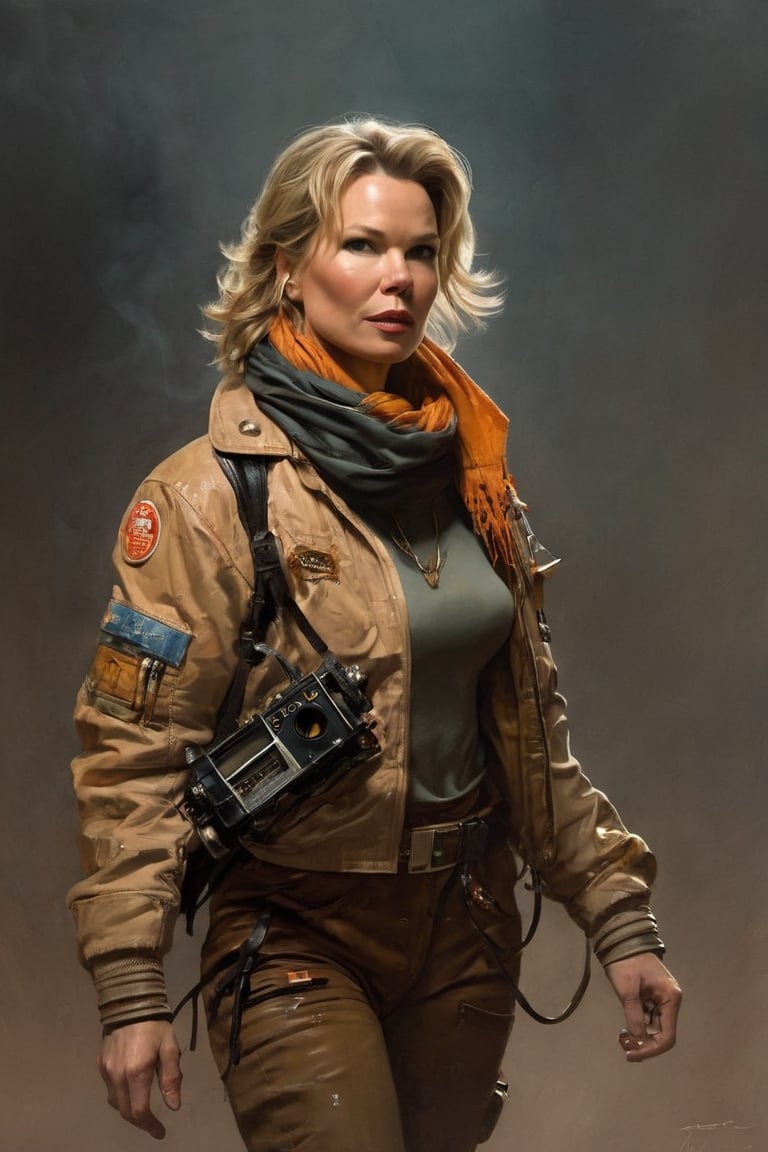 (portrait of Renée Zellweger wearing old futuristic flight jacket, scars, scrap metal, radio, scarf, 1970s), in the style of Frank Frazetta, Arther Rackham, Dean Cornwell, pulp, volumetric lighting, dramatic lighting, pulp science fiction, black, smoke, belt, backpack, warm colors