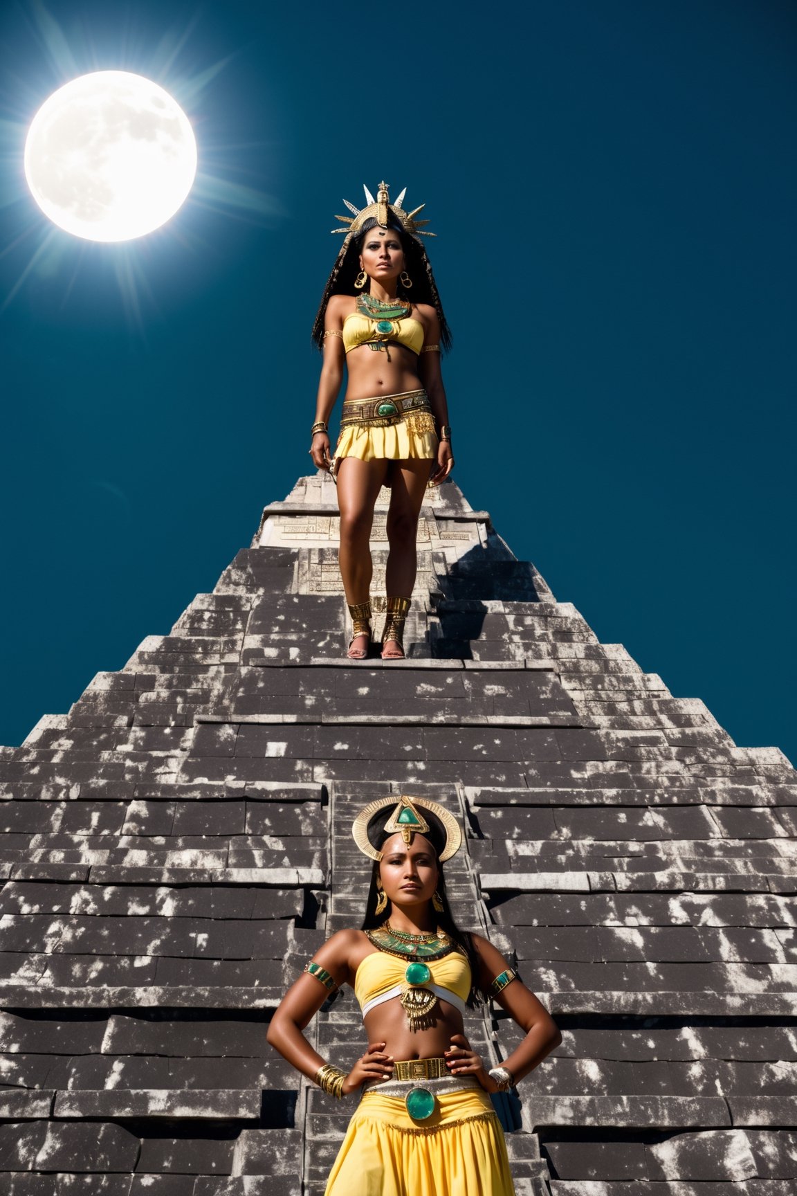 Gorgeous Mayan woman on top of a pyramid during a Solar eclipse, she is dresses with gold ad emeralds and her dark skin reflects the moon light,(PnMakeEnh),photo r3al