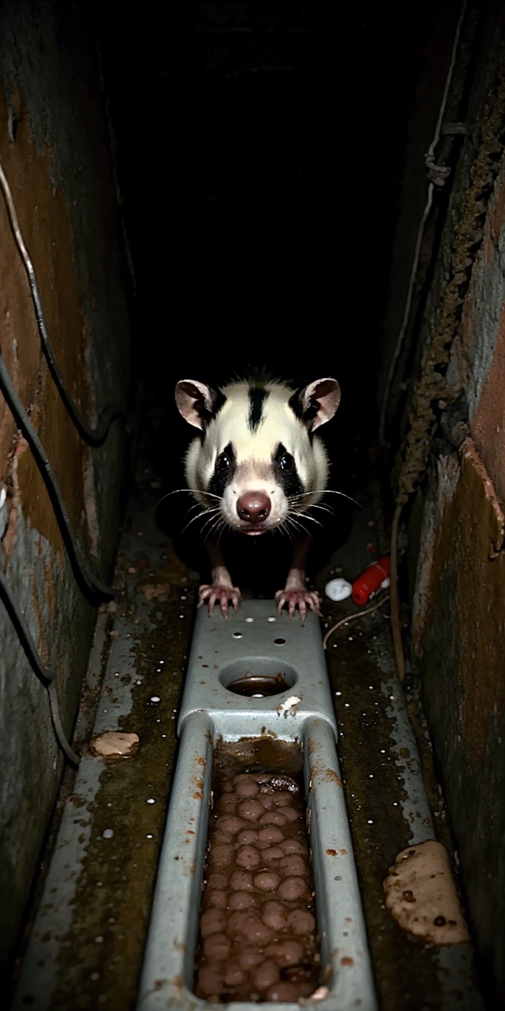 Los Angeles Sewer line, a mutated skunk is feeding of rats, humid, moldy, dense atmosphere, dim lighting, the sunk eyes have a glowing to better see in the dark, aggressive, fast and scary 