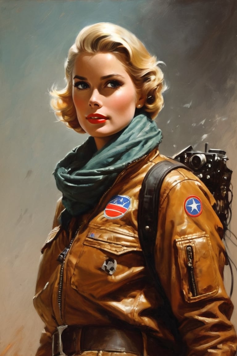 (portrait of Grace Kelly wearing old futuristic flight jacket, scars, scrap metal, radio, scarf, 1970s), in the style of Frank Frazetta, Arther Rackham, Dean Cornwell, pulp, volumetric lighting, dramatic lighting, pulp science fiction, black, smoke, belt, backpack, warm colors