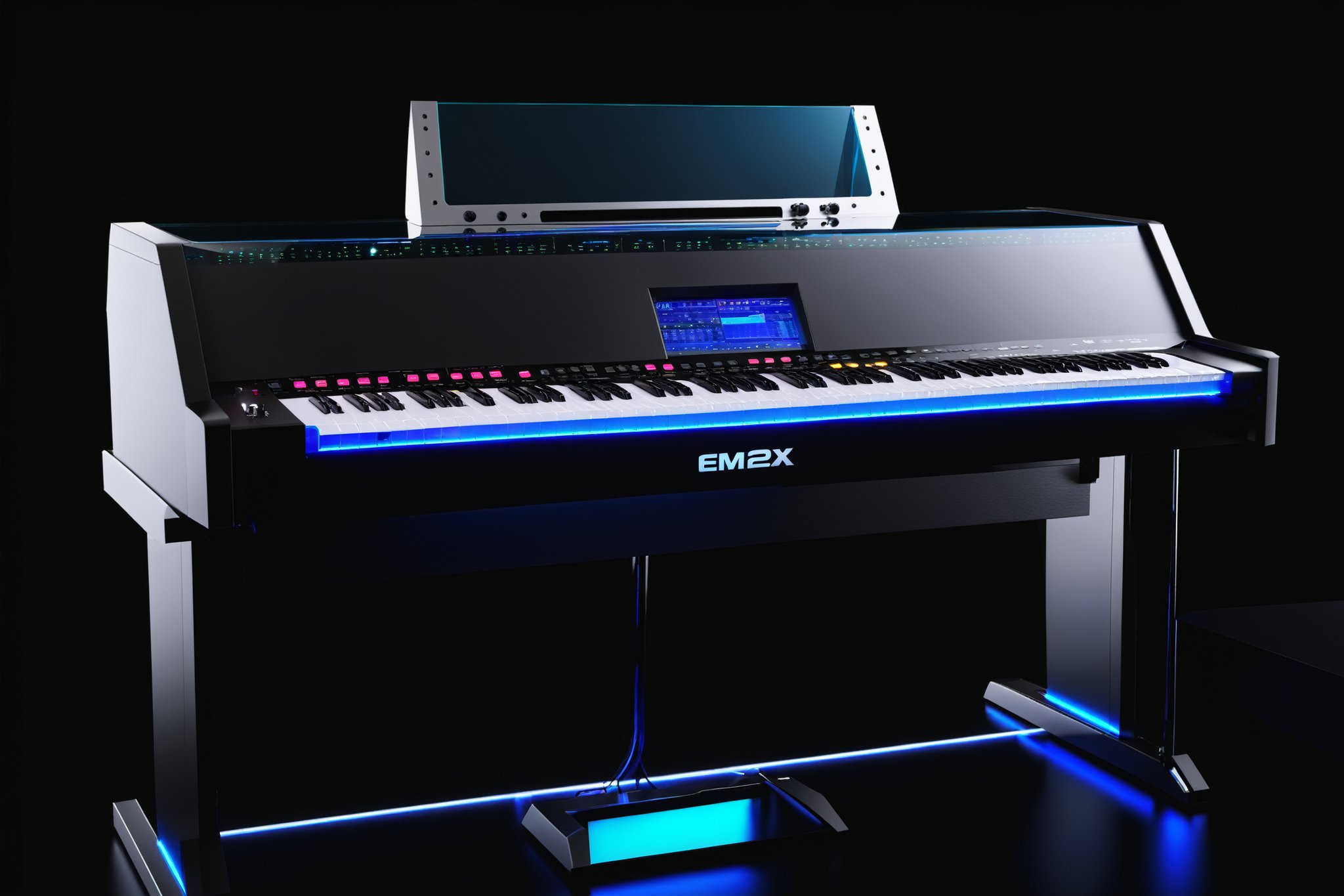 photorealistic, masterpiece, hyperdetailed photography of a 88 keys E-MU EMAX 2023 concept synthesizer with 1 dome type glass monitor screen that proyects parameters like a cockpit HUD to see the plugins and visualize the music, ultrarealistic piano keyboard, recording studio atmosphere,best quality, 8k UHD, 8k, ultra quality, ultra detailed, LED lights,photo r3al