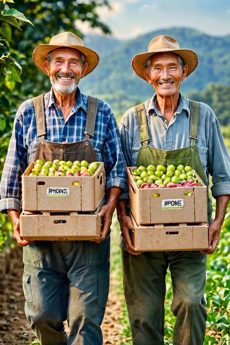 Generate a portrait photo of two old farmers holding one box each, one carrying a box of ((iPhones)), and the other old farmer carrying a box of apples, smiling, in summer, detailed background, beautiful detailed eyes, highly detailed, masterpiece, to transmit the message "What is more important, nature or technology?", photorealistic,nature, contrst between the two boxes, 