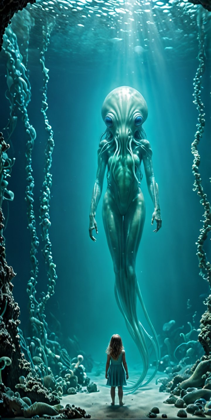 through the transparent barrier of an underwater observation pod, a terrified young girl gazes wide-eyed at the colossal figure of alien-like-woman. The glass wall magnifies the immense alien size, highlighting its  white figure and its cold, eyes fixed on the small human. The girl's fear is palpable, her small frame contrasted against the overwhelming might of the A beautiful  futuristic anthropomorphic squid-like-woman outside, splash art, fractal art, colorful, a winner photo award, detailed photo, Arnold render, 16K, cyborg style, bio-punk style. The underwater scene is enveloped in an eerie blue-green glow, illuminated by the pod's artificial lighting. This tense and dramatic moment is captured as a hauntingly realistic photograph, taken with a telephoto lens that captures both the intricate details of the alien's features and the raw emotion etched across the girl's face, Movie Still