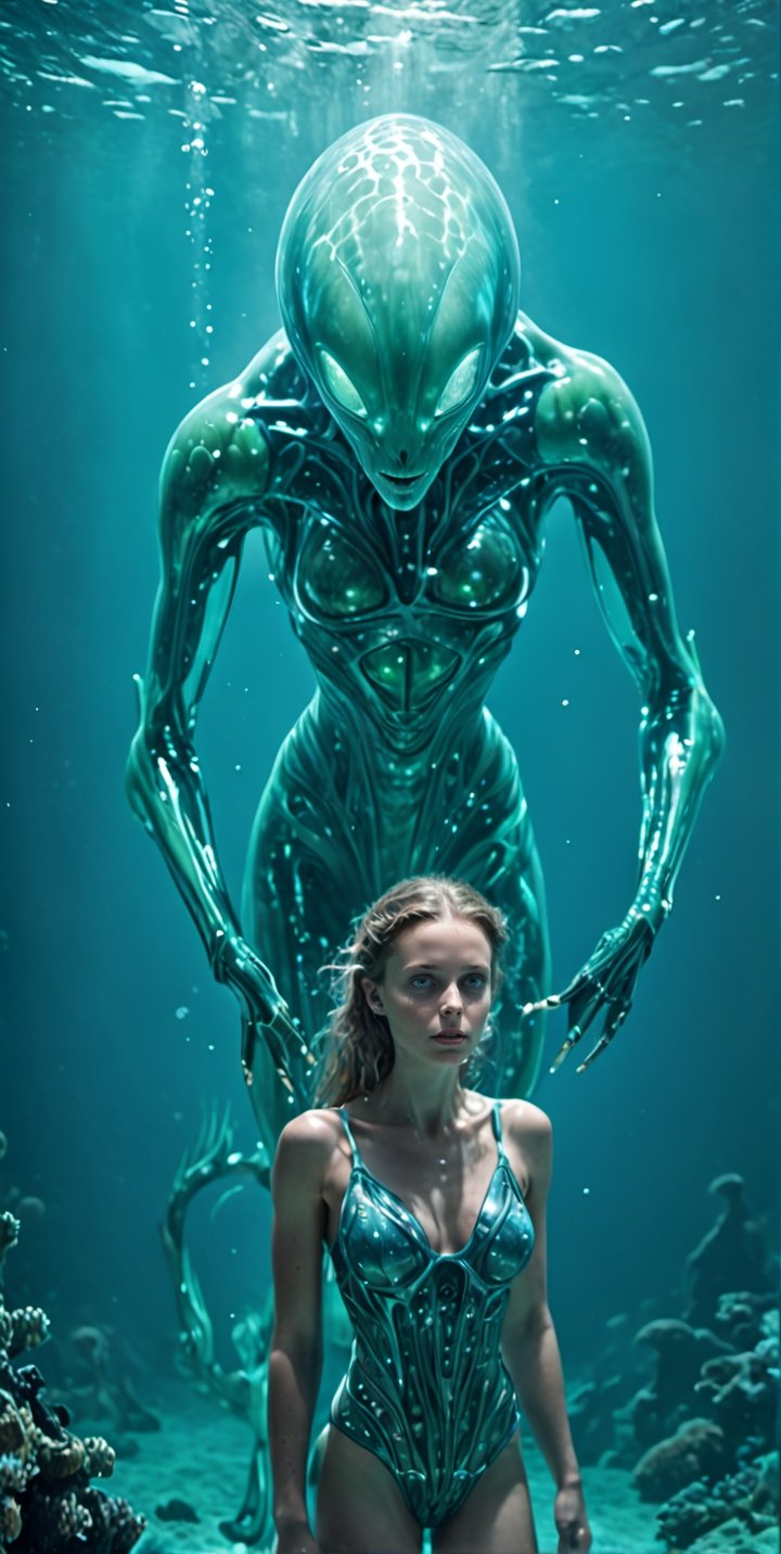 through the transparent barrier of an underwater observation pod, a terrified young girl gazes wide-eyed at the colossal figure of an beautiful sexy alien-woman. The glass wall magnifies the immense sexy alien size, highlighting its  white figure and its cold eyes fixed on the small human girl. The girl's fear is palpable, her small frame contrasted against the overwhelming might of the A exuberant beautiful  futuristic anthropomorphic alien woman outside, splash art, fractal art, colorful, a winner photo award, detailed photo, Arnold render, 16K, cyborg style, bio-punk style. The underwater scene is enveloped in an eerie blue-green glow, illuminated by the pod's artificial lighting. This tense and dramatic moment is captured as a hauntingly realistic photograph, taken with a telephoto lens that captures both the intricate details of the alien's features and the raw emotion etched across the girl's face, Movie Still