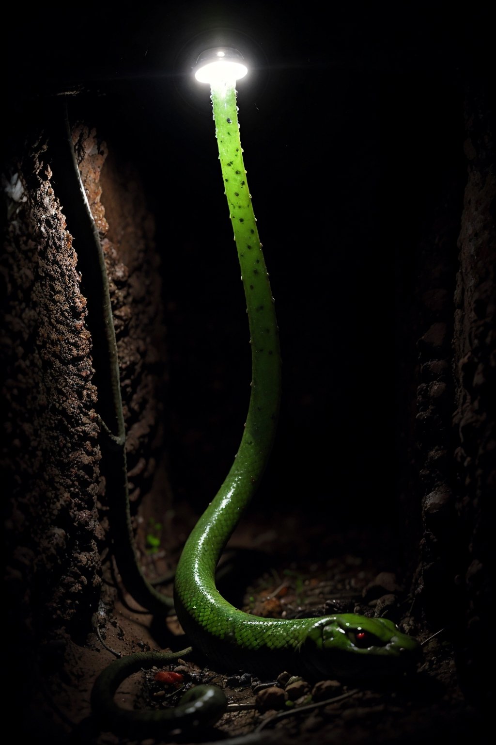 A slimy creature mixed with cobra snake with bio-luminescence hairs, moves through the moldy surface of a New York sewer line at summer season, emitting electrical charges. Dimmed lights.