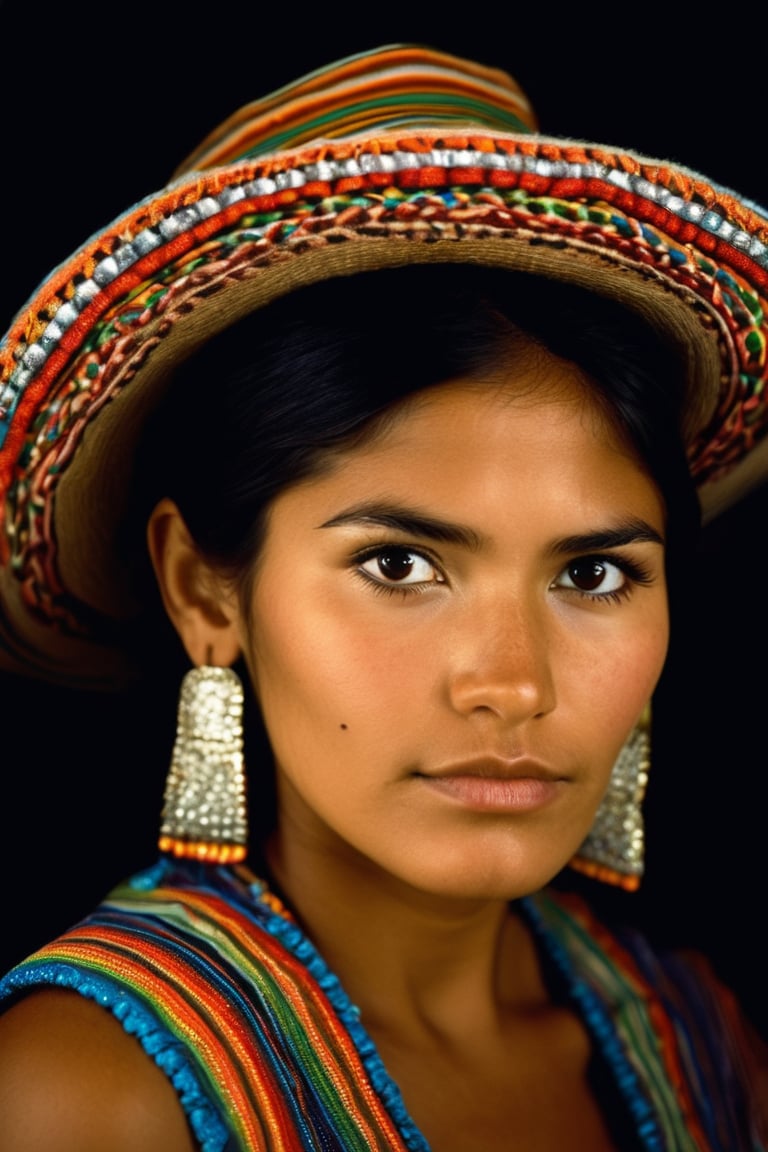 Detailed portrait of Beautiful Bolivian cholita girl shot, cholita hat, on Hasselblad 501c three point lighting Sci-Fi atmosphere,