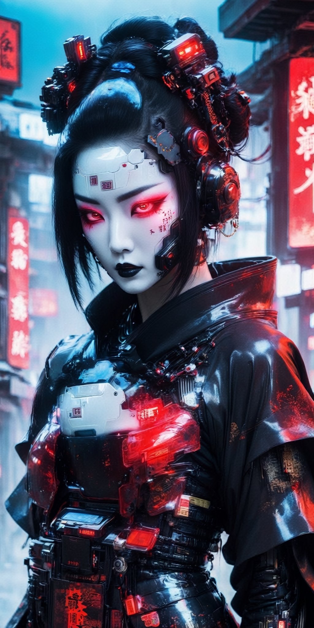 Generate a high-definition, world-class image featuring a lethal geisha cyborg assassin donning a hooded kimono and futuristic armor in a post-apocalyptic setting. The backdrop should depict a red-yellow-white sky, merging elements of neon horror, glitch-core, and dystopian sci-fi aesthetics. The composition should exhibit a blend of modern European ink painting and mixed media, creating a beautifully ominous and hauntingly beautiful scene. The cyborg should exude an androgynous, otherworldly allure, with a captivating fusion of black and neon cosmic art elements. The image should evoke a sense of analog horror, drawing inspiration from the Meiji era and space punk influences. This artwork should be a modern masterpiece, exceptionally unique and exquisite in its dark fantasy and apocalypse art style, reminiscent of calotype techniques, with a surreal touch of transparent nylon.