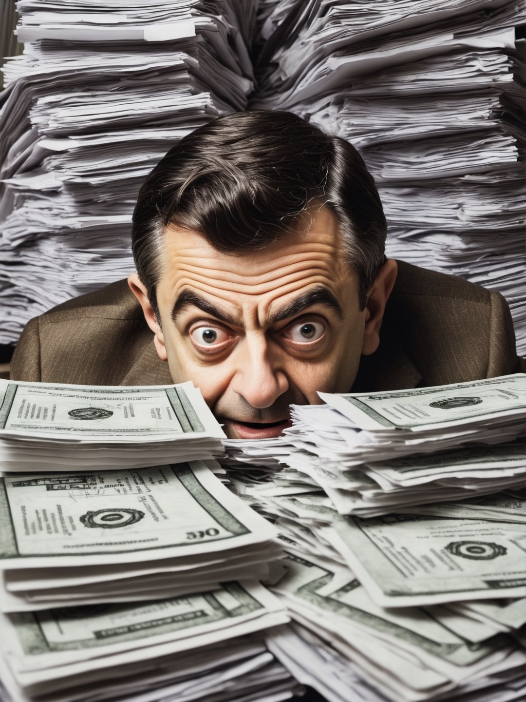 best quality, Mr Bean as IRS tax collector , laying down on a big pile of tax forms , penetrating look, evil eyes, messy hair, ((closeup)), best quality, ultra realistic, photorealistic, a lot playing cards everywhere