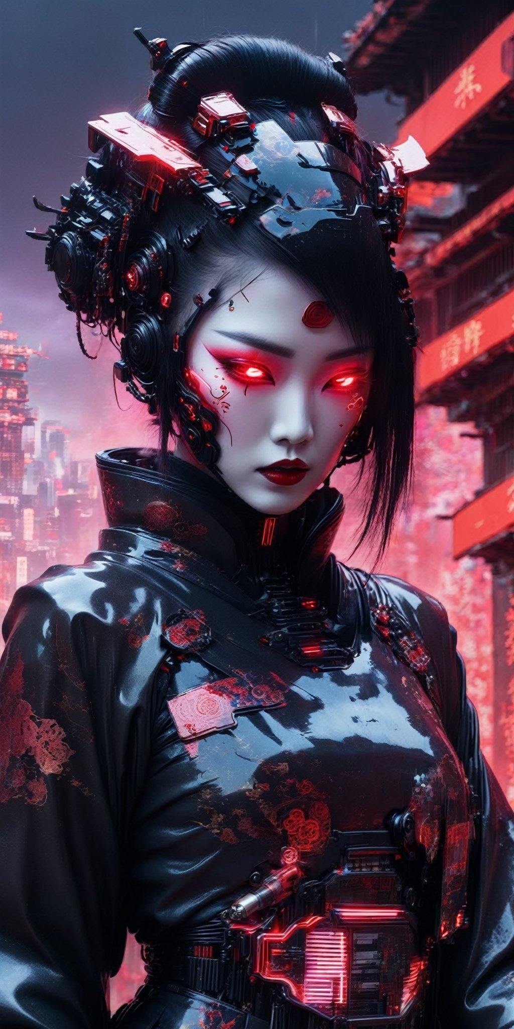 Generate a high-definition, world-class image featuring a lethal geisha cyborg assassin donning a hooded kimono and futuristic armor in a post-apocalyptic setting. The backdrop should depict a red-gold sky, merging elements of neon horror, glitch-core, and dystopian sci-fi aesthetics. The composition should exhibit a blend of modern European ink painting and mixed media, creating a beautifully ominous and hauntingly beautiful scene. The cyborg should exude an androgynous, otherworldly allure, with a captivating fusion of black and neon cosmic art elements. The image should evoke a sense of analog horror, drawing inspiration from the Meiji era and space punk influences. This artwork should be a modern masterpiece, exceptionally unique and exquisite in its dark fantasy and apocalypse art style, reminiscent of calotype techniques, with a surreal touch of transparent nylon.