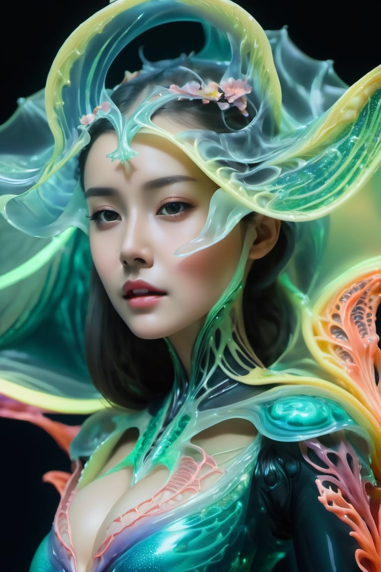 A hyper realistic deep sea beautiful being half woman with a cape like a half manta ray, bio-luminescent,  fluorescent jelly parts, organic fluid lines in her body, translucent ,Movie Still,cyberpunk style,beautymix