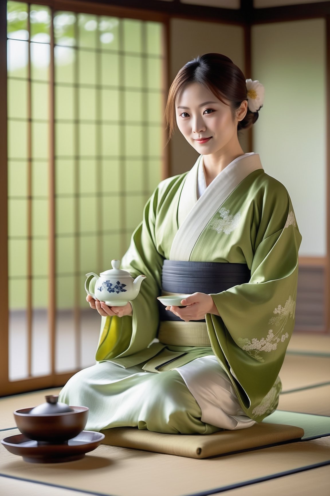 Generate a full body photo of the master of traditional tea ceremony in Japan serving matcha, inspired by Yuma Asami, sharp-focus, highly detailed, masterpiece, photorealistic, background of traditional tea house, wearing a white translucent silk kimono only