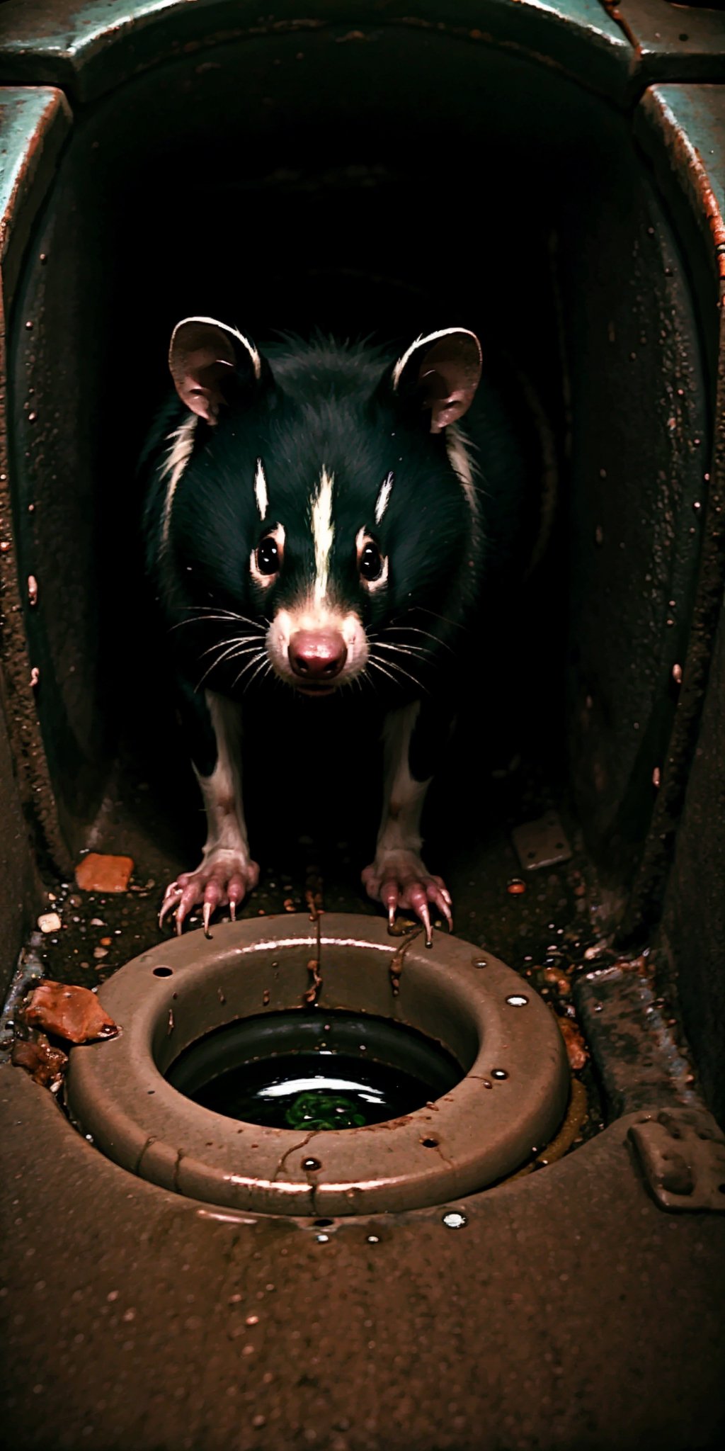 Los Angeles Sewer line, a mutated skunk is feeding of rats, humid, moldy, dense atmosphere, dim lighting, the sunk eyes have a glowing to better see in the dark, aggressive, fast and scary 