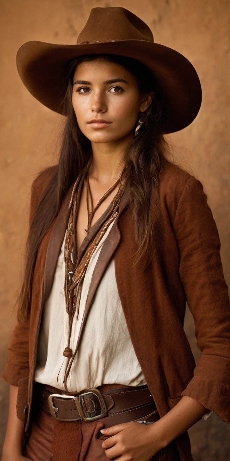 Detailed portrait of Beautiful Argentina gaucho girl shot, brown hat, full body, on Hasselblad 501c three point lighting Sci-Fi atmosphere,