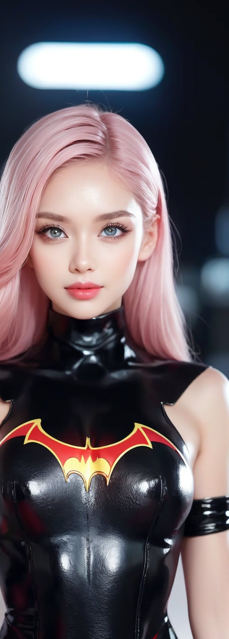 In a sleek, high-tech studio setting, an elegant lady poses confidently, wearing a radiant red Batgirl suit adorned with fire-themed custom designs. Her pure white-pink hair shines like a beacon as she gazes directly at the viewer, her blue eyes sparkling with a happy smile. Futuristic AI VR glasses sit atop her head, adding to her futuristic cyberpunk style. The high-resolution image showcases sharp focus and realistic details, capturing the beauty of this mecha-inspired idol.