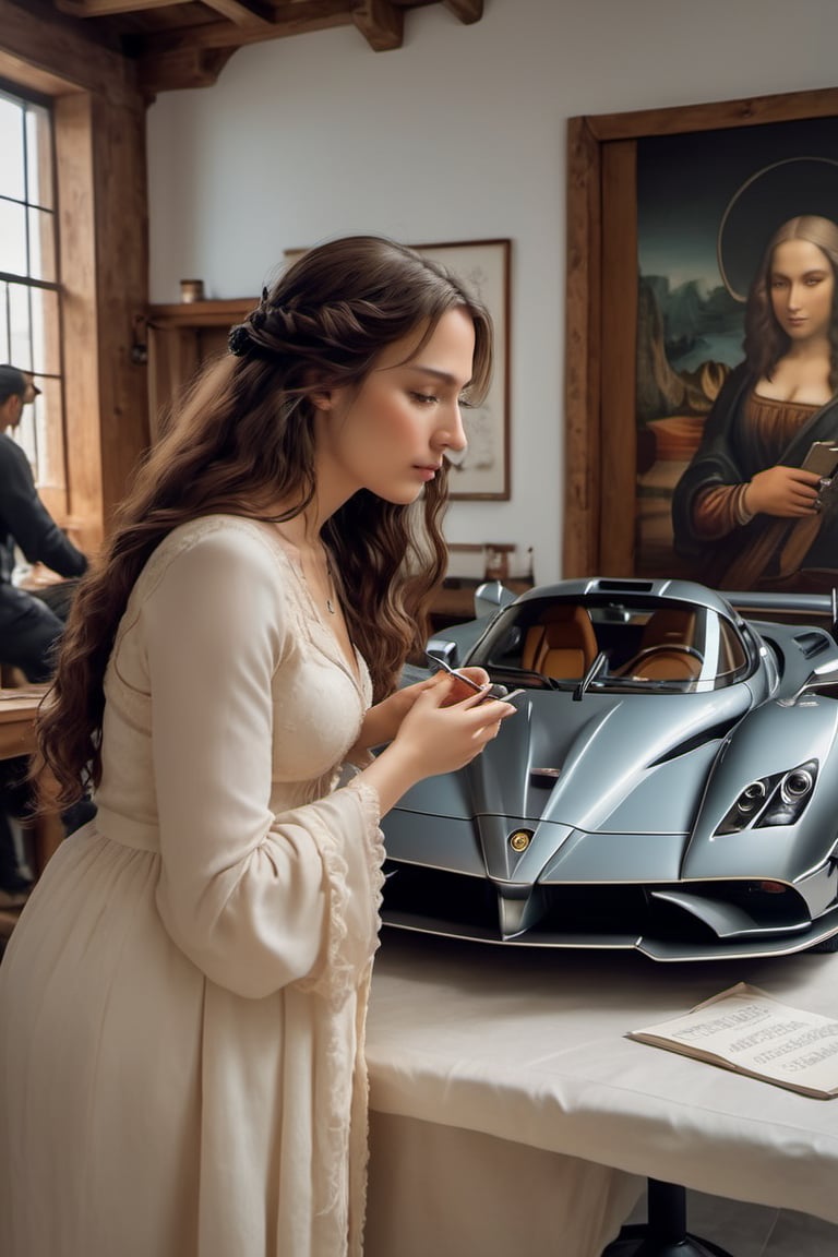 Create an engaging image of Leonardo da Vinci in Renaissance attire at his atelier. Show him inspecting a Pagani Zonda and takin notes. Produce a movie still-style image in RAW format with full sharpness, detailed facial features (skin: 1.2), and a subtle film grain effect, resembling Fuji-film XT3s cameras. Ensure a high-quality 8k UHD resolution, taken with a DSLR in soft lighting