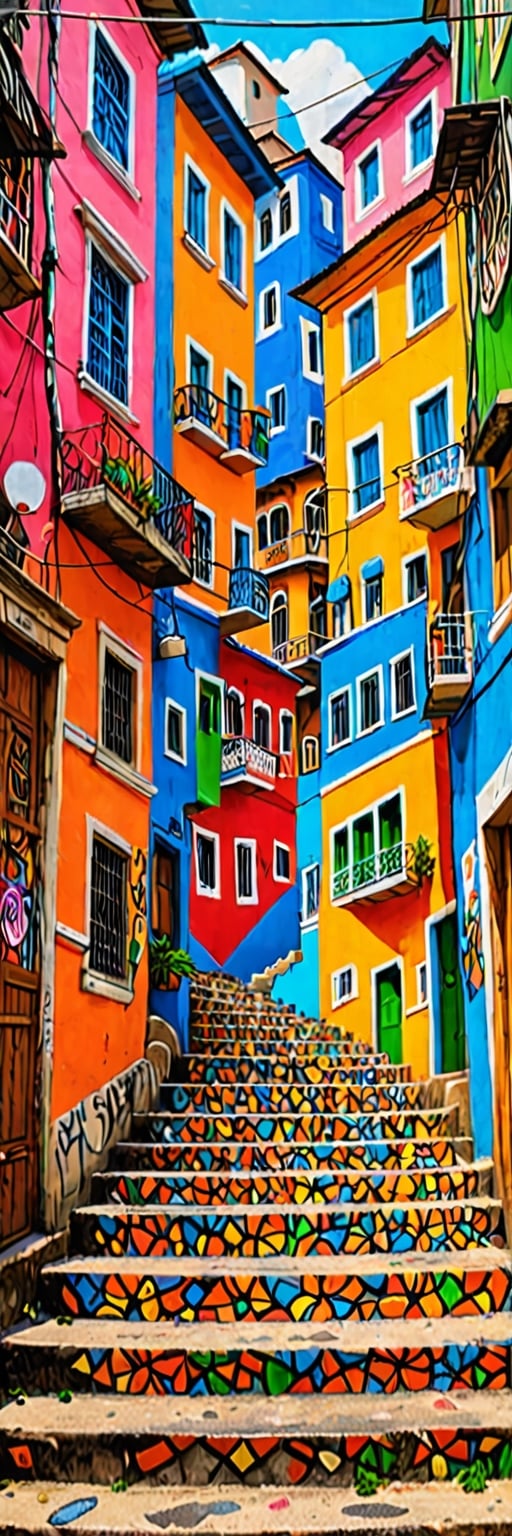 masterpiece, best quality, stair-art, stairs art, alleyway's exterior featuring a vivid representation of Rio de Janeiro favela,