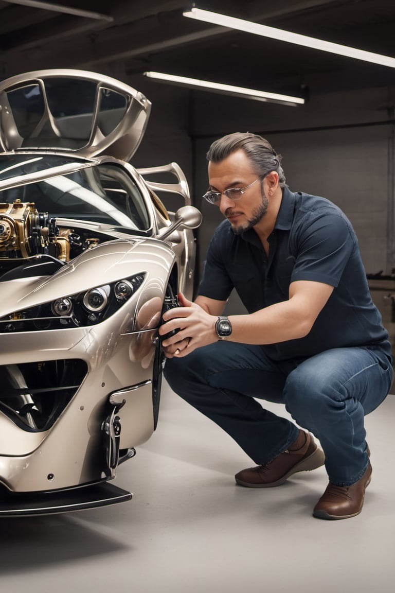 Create a captivating image portraying ((Leonardo da Vinci)) within a contemporary Pagani Zonda car assembly atelier. Showcase da Vinci as he examines the vehicle and shares his insights with the engineers. Capture the blend of Renaissance brilliance and state-of-the-art automotive technology in this imagined historical moment. Deliver the image in the style of a movie still, with RAW photo format, full sharpness, and intricate facial details (highly detailed skin: 1.2). Ensure an 8k UHD resolution, shot with a DSLR and featuring soft lighting for a high-quality appearance. Incorporate a subtle film grain effect reminiscent of Fuji-film XT3s cameras