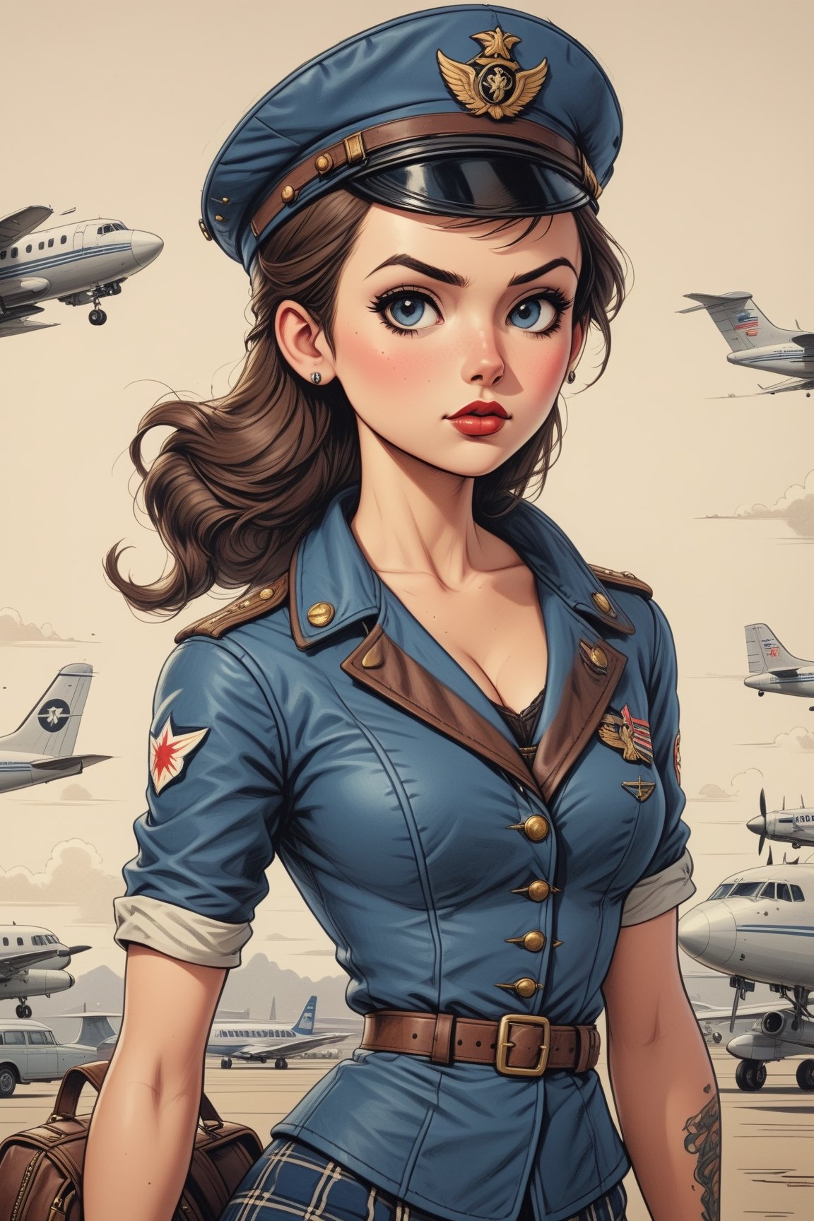 vintage comic book illustration of a commercial aviation captain woman at the airport, only one woman, airport background, dark brown ponytail hairstyle, wearing blue leather jacket, plaid miniskirt, blue aviation captain cap, wearing white blouse, showing small breast under the bloue, great cleavage, long cleavage, sexy body, black lips, tattooed body, detailed gorgeous face, exquisite detail, ((full body)), 30-megapixel, 4k, Flat vector art, Vector illustration, Illustration, ,,rubber_hose_character,,vintagepaper,,,,<lora:659095807385103906:1.0>