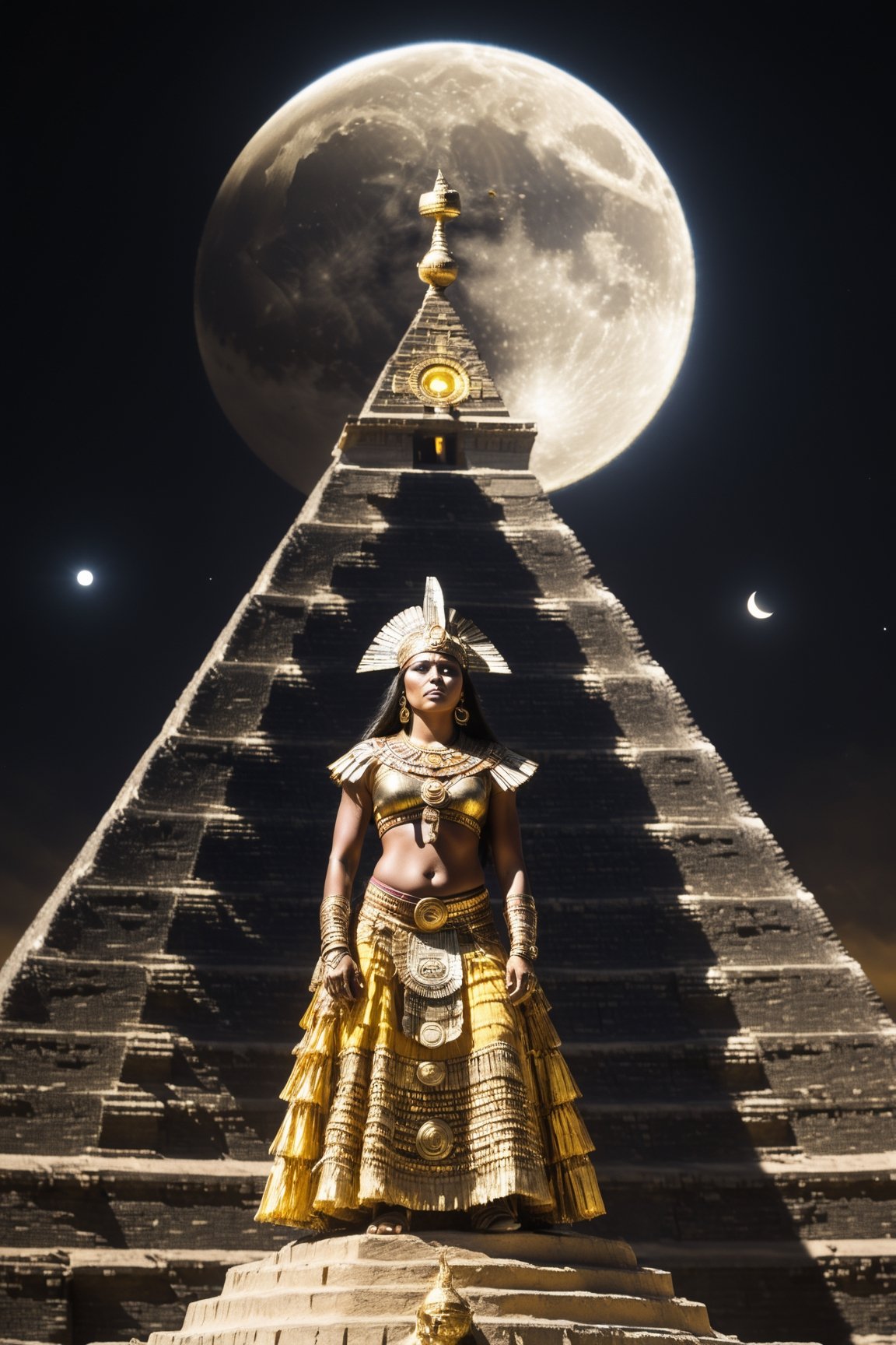 Gorgeous Aztec woman on top of a pyramid during a Solar eclipse, she is dresses with gold and her dark skin reflects the moon light,(PnMakeEnh),photo r3al