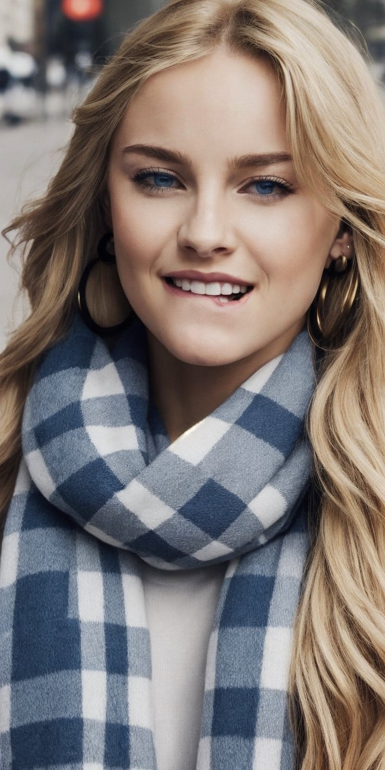 Generate hyper realistic image of a woman with blonde ponytail, mesmerizing blue eyes, and a warm, innocent smile, rocking November designer streetwear. The large scarf elegantly covers her mouth, and she complements her look with stylish earrings and dark makeup. The urban setting adds an edge to her fashionable presence. biting lips