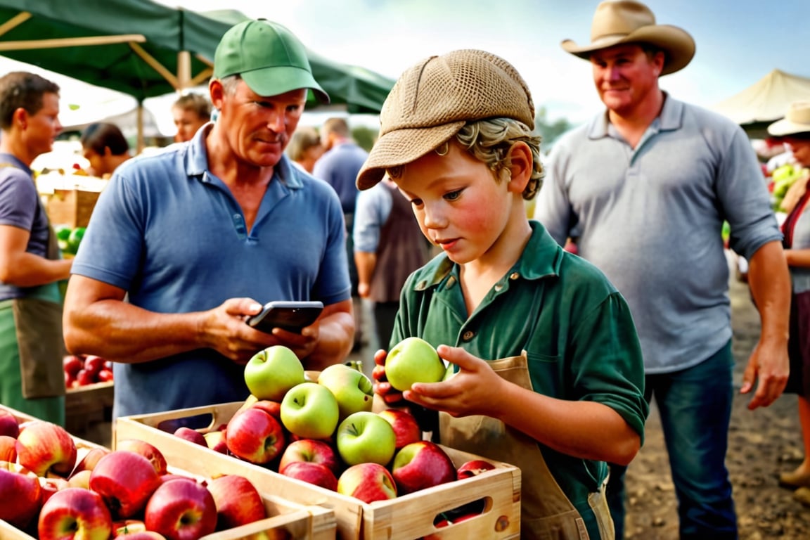 Create an image that captures the scene of a young kid bartering his iPhone for a fresh apple at the bustling farmers' market. The child should be portrayed earnestly offering the smartphone to the farmer or vendor in exchange for the ripe, juicy apple, highly detailed, they are looking to each other, masterpiece, photorealistic,nature