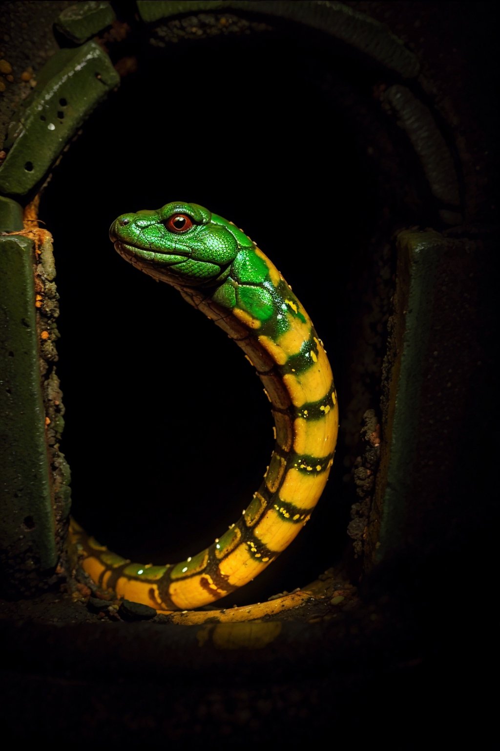 A slimy cobra snake with bio-luminescence hairs, moves through the moldy surface of a New York sewer line emitting electrical charges through its skin. Dimmed lights.