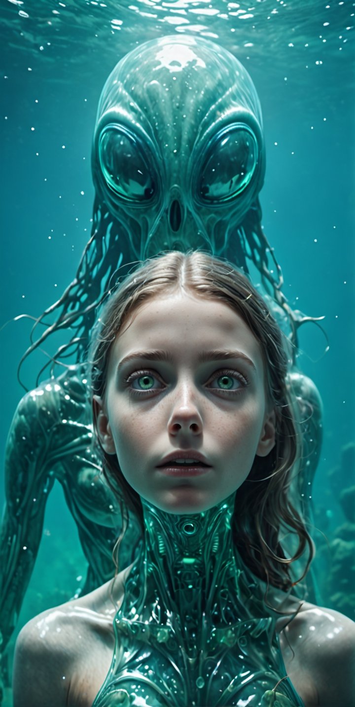 through the transparent barrier of an underwater observation pod, a terrified young girl gazes wide-eyed at the colossal figure of alien-woman. The glass wall magnifies the immense alien size, highlighting its  white figure and its cold eyes fixed on the small human. The girl's fear is palpable, her small frame contrasted against the overwhelming might of the A beautiful  futuristic anthropomorphic woman outside, splash art, fractal art, colorful, a winner photo award, detailed photo, Arnold render, 16K, cyborg style, bio-punk style. The underwater scene is enveloped in an eerie blue-green glow, illuminated by the pod's artificial lighting. This tense and dramatic moment is captured as a hauntingly realistic photograph, taken with a telephoto lens that captures both the intricate details of the alien's features and the raw emotion etched across the girl's face, Movie Still
