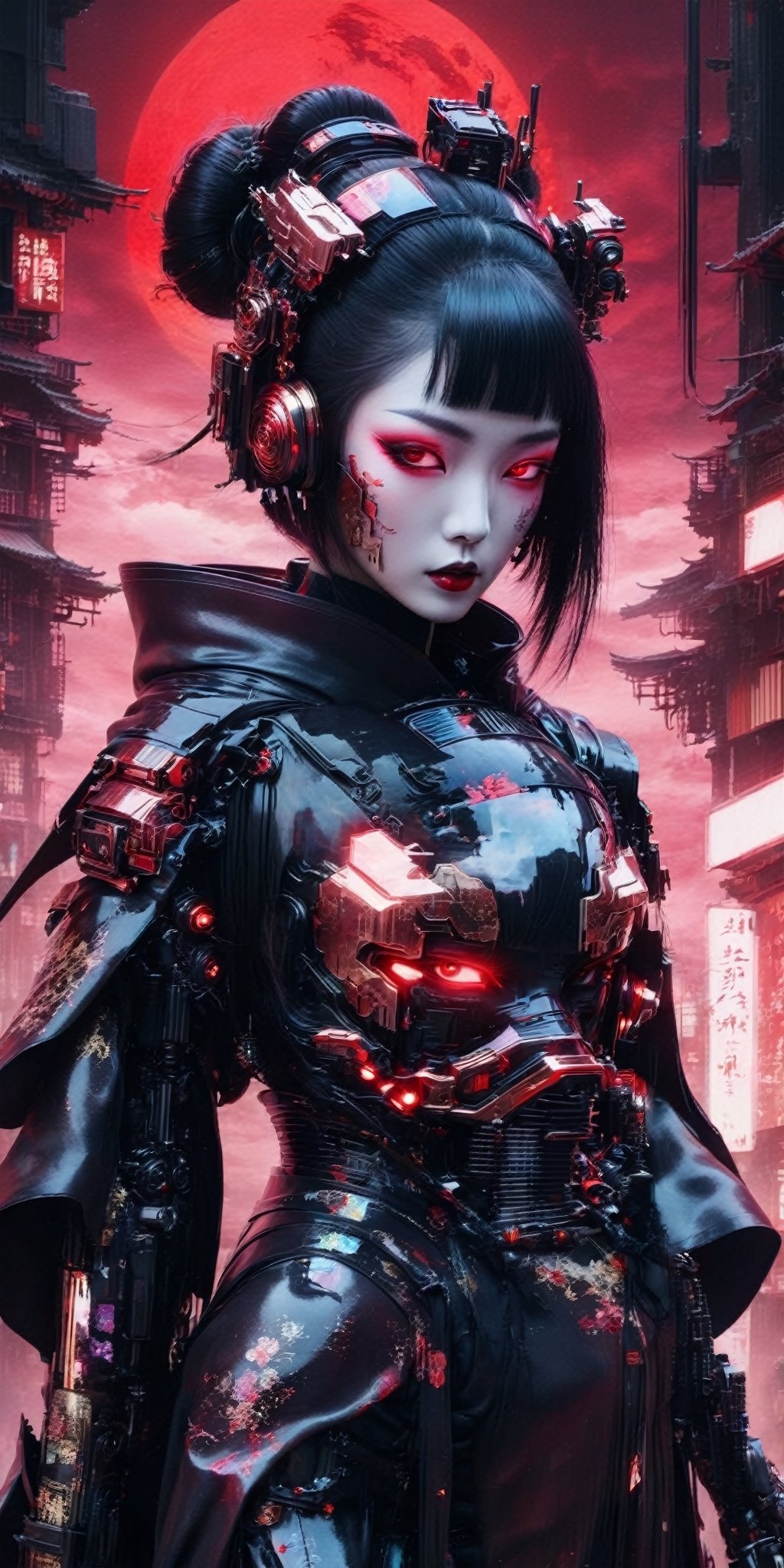 Generate a high-definition, world-class image featuring a lethal geisha cyborg assassin donning a hooded kimono and futuristic armor in a post-apocalyptic setting. The backdrop should depict a red-gold sky, merging elements of neon horror, glitch-core, and dystopian sci-fi aesthetics. The composition should exhibit a blend of modern European ink painting and mixed media, creating a beautifully ominous and hauntingly beautiful scene. The cyborg should exude an androgynous, otherworldly allure, with a captivating fusion of black and neon cosmic art elements. The image should evoke a sense of analog horror, drawing inspiration from the Meiji era and space punk influences. This artwork should be a modern masterpiece, exceptionally unique and exquisite in its dark fantasy and apocalypse art style, reminiscent of calotype techniques, with a surreal touch of transparent nylon.