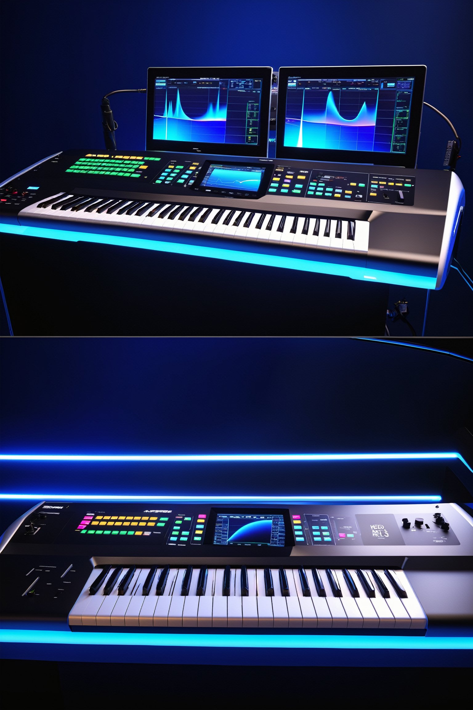 photo r3al, photorealistic, masterpiece, hyper-detailed photography of a 88 keys E-MU EMAX 2023 concept synthesizer, monitor screens to display the plugins and visualize the music, Boeing 787 cockpit style screens distribution and controllers, ultra-realistic piano keyboard, recording studio atmosphere, best quality, 8k UHD, 8k, ultra quality, ultra detailed, LED lights, spectrum analyzers, photo r3al