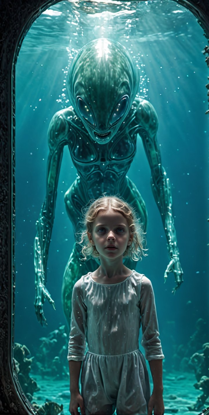 through the transparent barrier of an underwater observation pod, a terrified young girl gazes wide-eyed at the colossal figure of alien-woman. The glass wall magnifies the immense alien size, highlighting its  white figure and its cold eyes fixed on the small human. The girl's fear is palpable, her small frame contrasted against the overwhelming might of the A beautiful  futuristic anthropomorphic woman outside, splash art, fractal art, colorful, a winner photo award, detailed photo, Arnold render, 16K, cyborg style, bio-punk style. The underwater scene is enveloped in an eerie blue-green glow, illuminated by the pod's artificial lighting. This tense and dramatic moment is captured as a hauntingly realistic photograph, taken with a telephoto lens that captures both the intricate details of the alien's features and the raw emotion etched across the girl's face, Movie Still