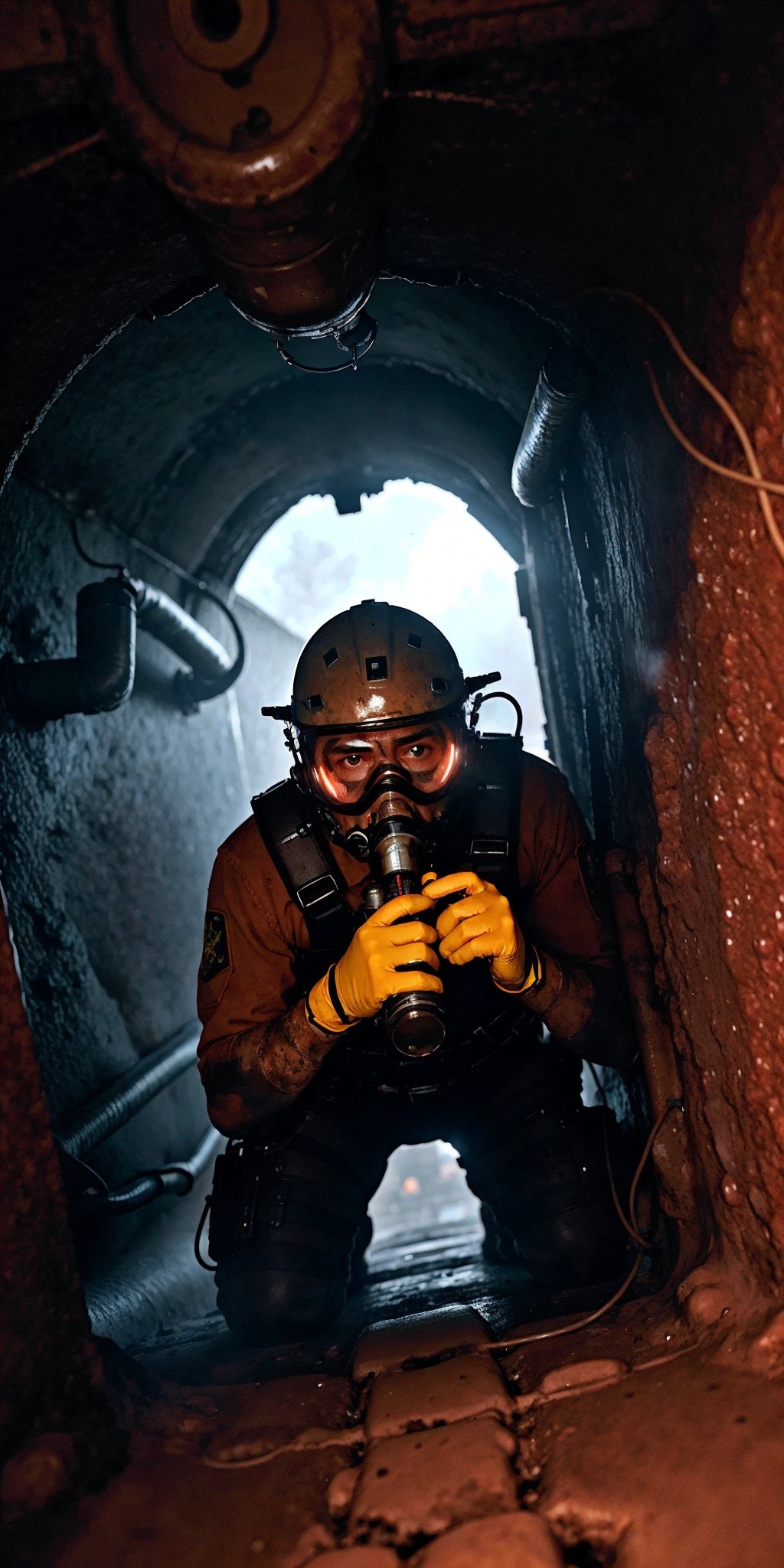 A County worker at Los Angeles Sewer line, using a Self Contained breathing apparatus, harnessed, hard hard, googles, gloves,  radio to communicate, flashlights, descending trough a steer manhole into a giant vault, humid, water vapor, mold, dim lights, rats, cockroaches, 