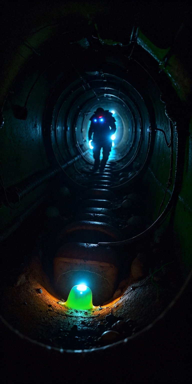 A slimy creature with bioluminescence hairs, moves through the moldy surface of a New York sewer line at summer season. Dimmed lights 