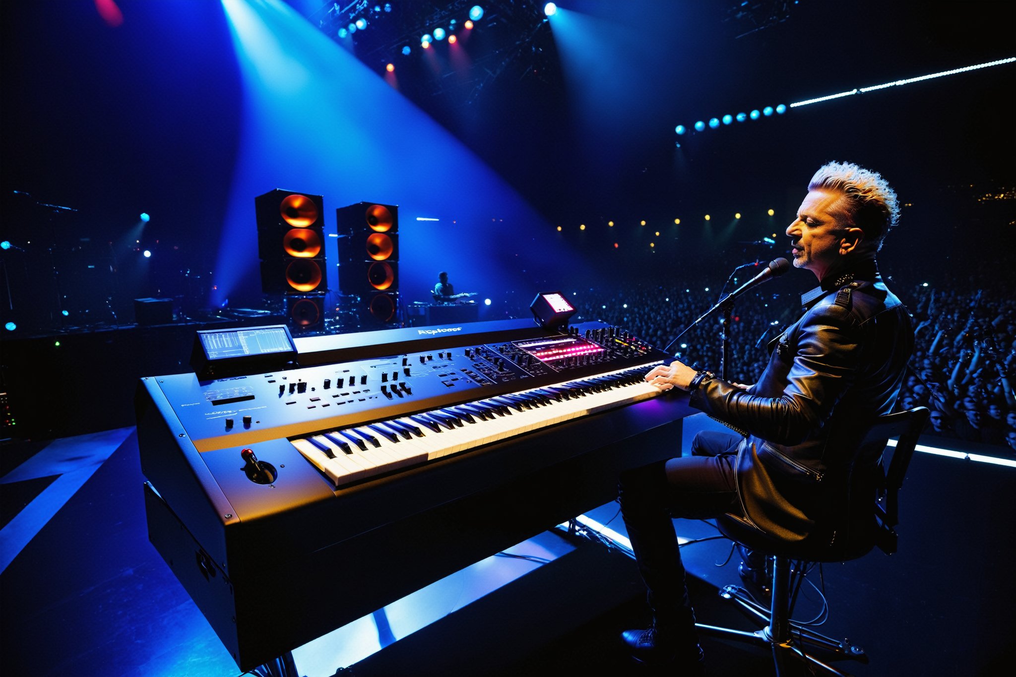 Andy Fletcher playing a photo-realistic, masterpiece, hyper-detailed photography of a 88 keys Roland 2023 concept synthesizer, monitor screens to display the plugins and visualize the music, Boeing 787 cockpit style screens distribution and controllers, ultra-realistic piano keyboard, recording studio atmosphere, best quality, 8k UHD, 8k, ultra quality, ultra detailed, LED lights, spectrum analyzers and sequencers, photo r3al, drone view, background of a Depeche Mode concert in Paris crowd, Dave Gahan singing, Martin Gore playing the electric guitar, and Vince Clarke plying the drums, laser rays on the scenario as part of the show,steampunk style