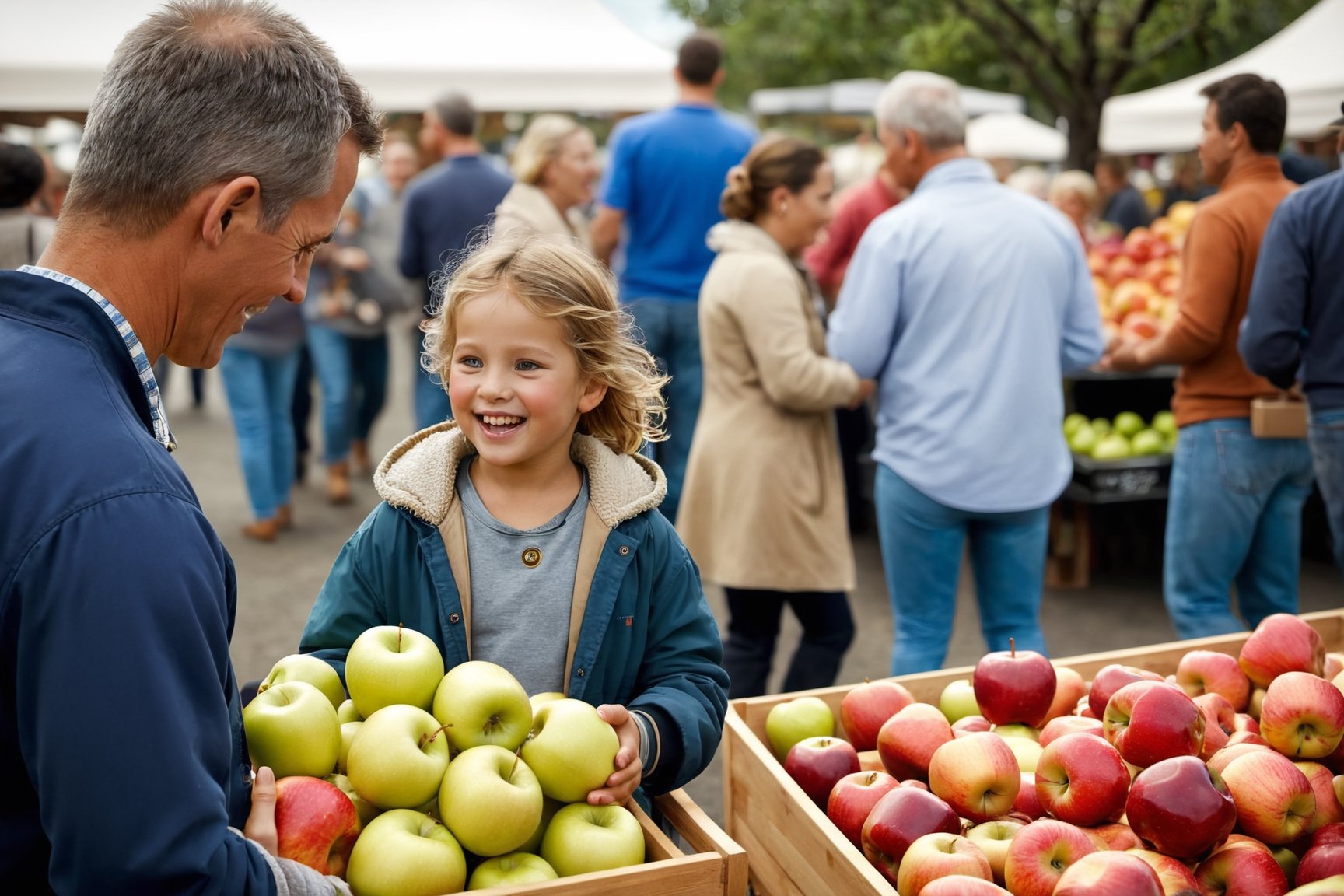 Imagine a visually striking scene at a lively farmers' market where a young kid is in the process of exchanging their iPhone for a fresh, crisp apple. The image should showcase the child's enthusiasm and the vendor's reaction, with other market-goers in the background, reflecting various emotions as they observe this unique and unexpected bartering scenario. The image should convey a sense of curiosity, surprise, and the contrast between modern technology and natural produce, masterpiece, photorealistic,nature