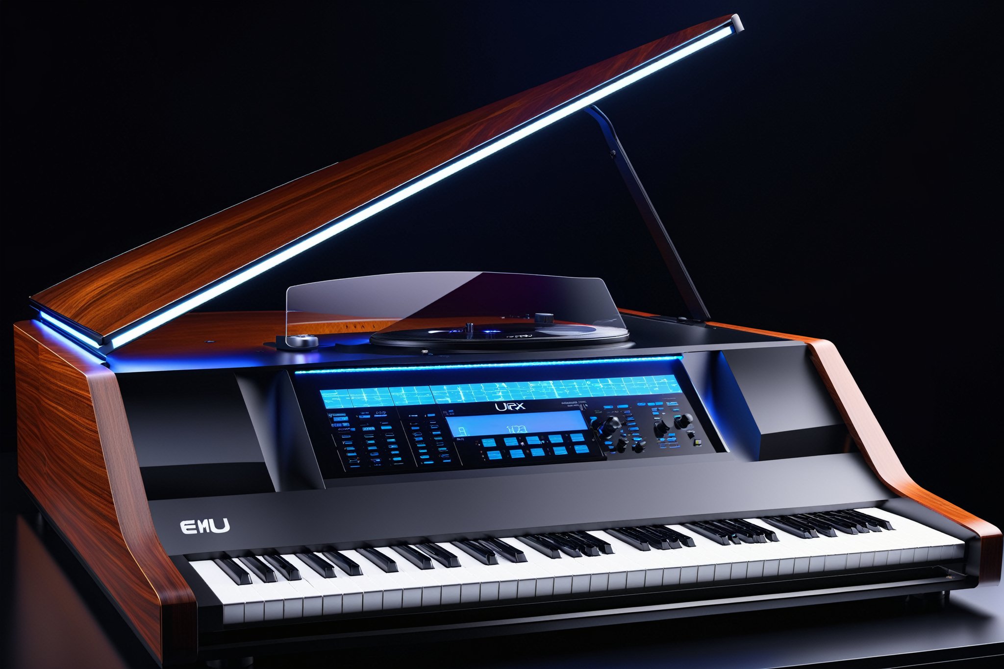 photorealistic, masterpiece, hyperdetailed photography of a 88 keys E-MU EMAX 2023 concept synthesizer with 1 dome type glass monitor screen that proyects parameters like a cockpit HUD to see the plugins and visualize the music, the proyect should fold itseft and become its ouwn carrying box, the piano has also a UHD proyector to see the mixing parameters on a background wall, ultrarealistic piano keyboard, recording studio atmosphere,best quality, 8k UHD, 8k, ultra quality, ultra detailed, LED lights,photo r3al