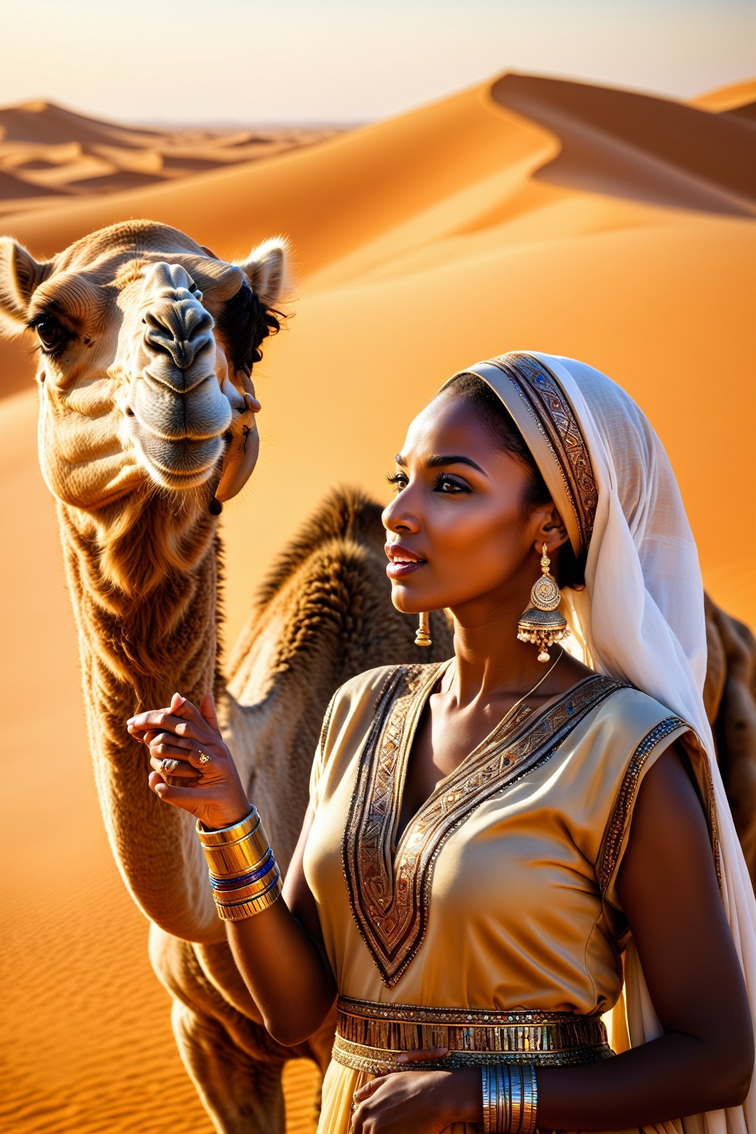 Expertly captured candid image, 
artistic masterpiece, 
meticulously detailed, 
exceptionally realistic, 
aesthetically pleasing, 
illuminated with cinematic lighting. 
Intricately depicted features, 
crisp and focused, 
featuring a Sahara desert camel gazing at a stylish African woman adorned in Sahrawis attire, 
elevating the joyful essence of the genuine photograph. 