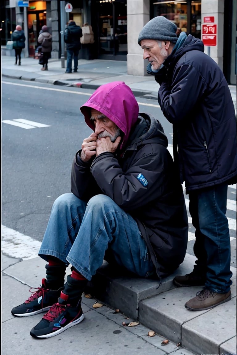 A homeless woman sitting on the sidewalk calls out to a man on the street asking: "Sir, can you help me?, It's cold and I've nowhere to sleep
Is there somewhere you can tell me?"
