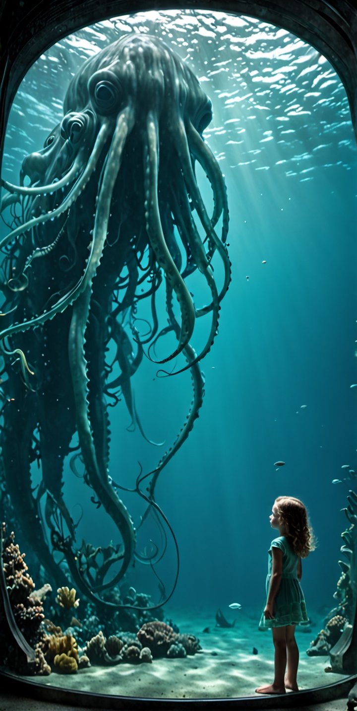 through the transparent barrier of an underwater observation pod, a terrified young girl gazes wide-eyed at the colossal figure of a ravenous sea monster. The glass wall magnifies the immense predator's size, highlighting its rows of razor-sharp teeth and its cold, predatory eyes fixed on the small human. The girl's fear is palpable, her small frame contrasted against the overwhelming might of the A beautiful  futuristic anthropomorphic squid woman outside, splash art, fractal art, colorful, a winner photo award, detailed photo, Arnold render, 16K, cyborg style, biopunk style. The underwater scene is enveloped in an eerie blue-green glow, illuminated by the pod's artificial lighting. This tense and dramatic moment is captured as a hauntingly realistic photograph, taken with a telephoto lens that captures both the intricate details of the monter's features and the raw emotion etched across the girl's face.,Movie Still