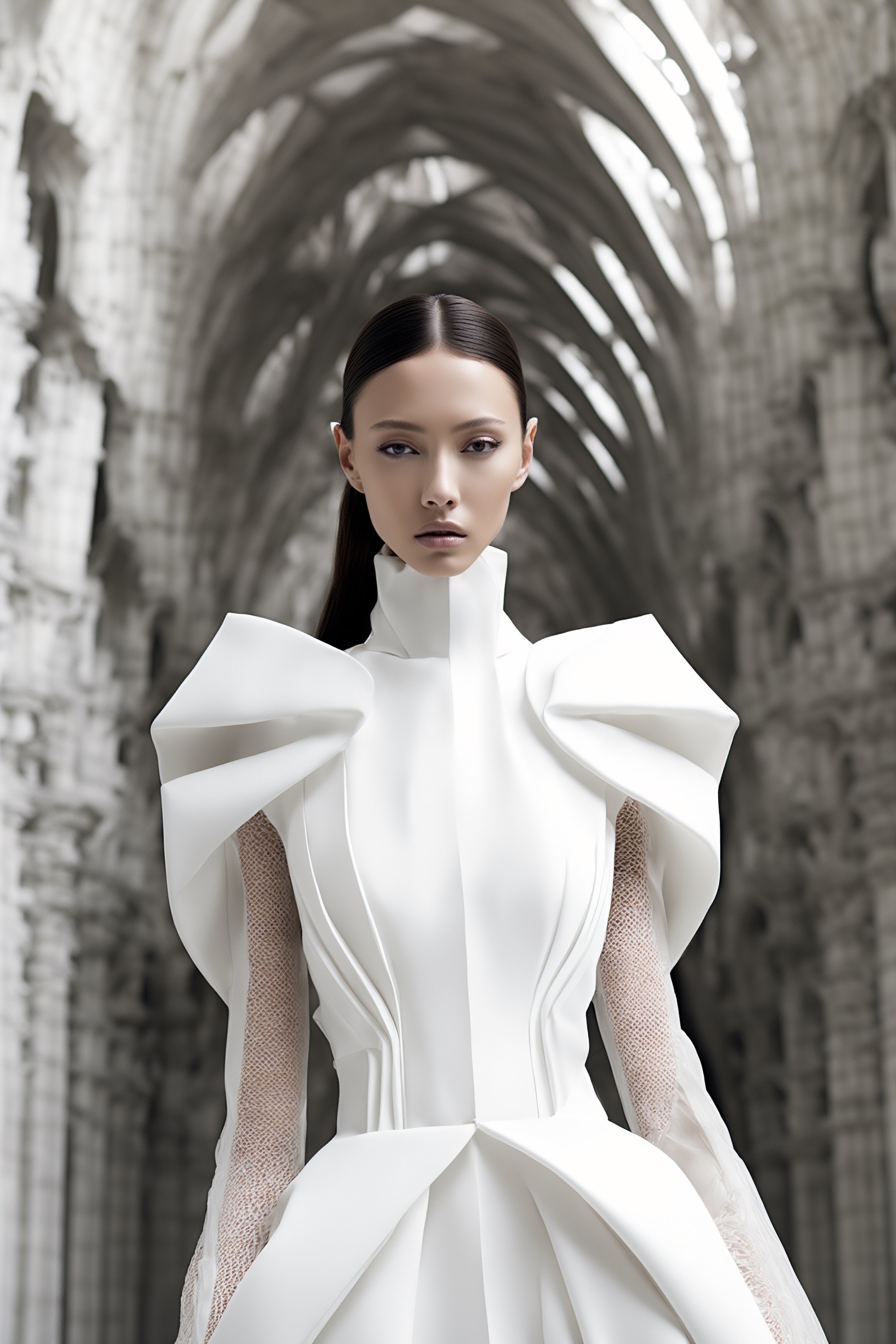 Neo-futuristic model wears white couture by Iris Van Herpen, , high-key photo, at an Austrial Castle background